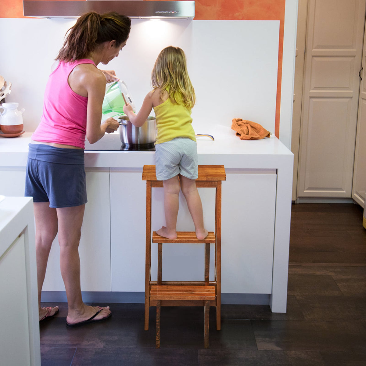 3-in-1 Rubber Wood 3 Tier Folding Step Stool Ladder Storage Shelf-Brown-Toddler & Kids Furniture-DECOROLALA