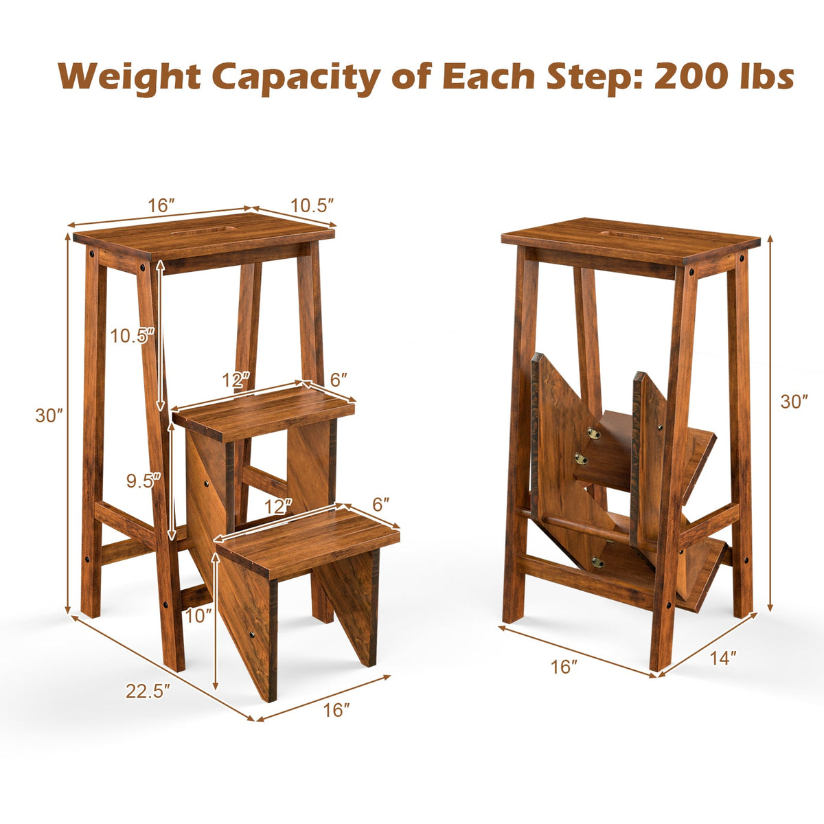 3-in-1 Rubber Wood 3 Tier Folding Step Stool Ladder Storage Shelf-Brown-Toddler & Kids Furniture-DECOROLALA
