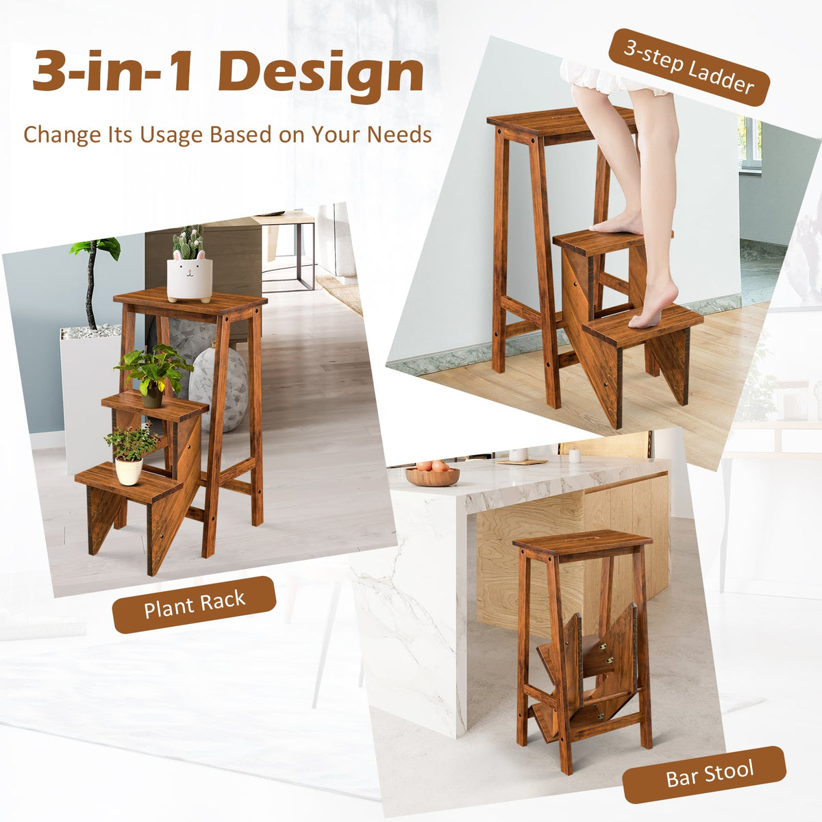 3-in-1 Rubber Wood 3 Tier Folding Step Stool Ladder Storage Shelf-Brown-Toddler & Kids Furniture-DECOROLALA