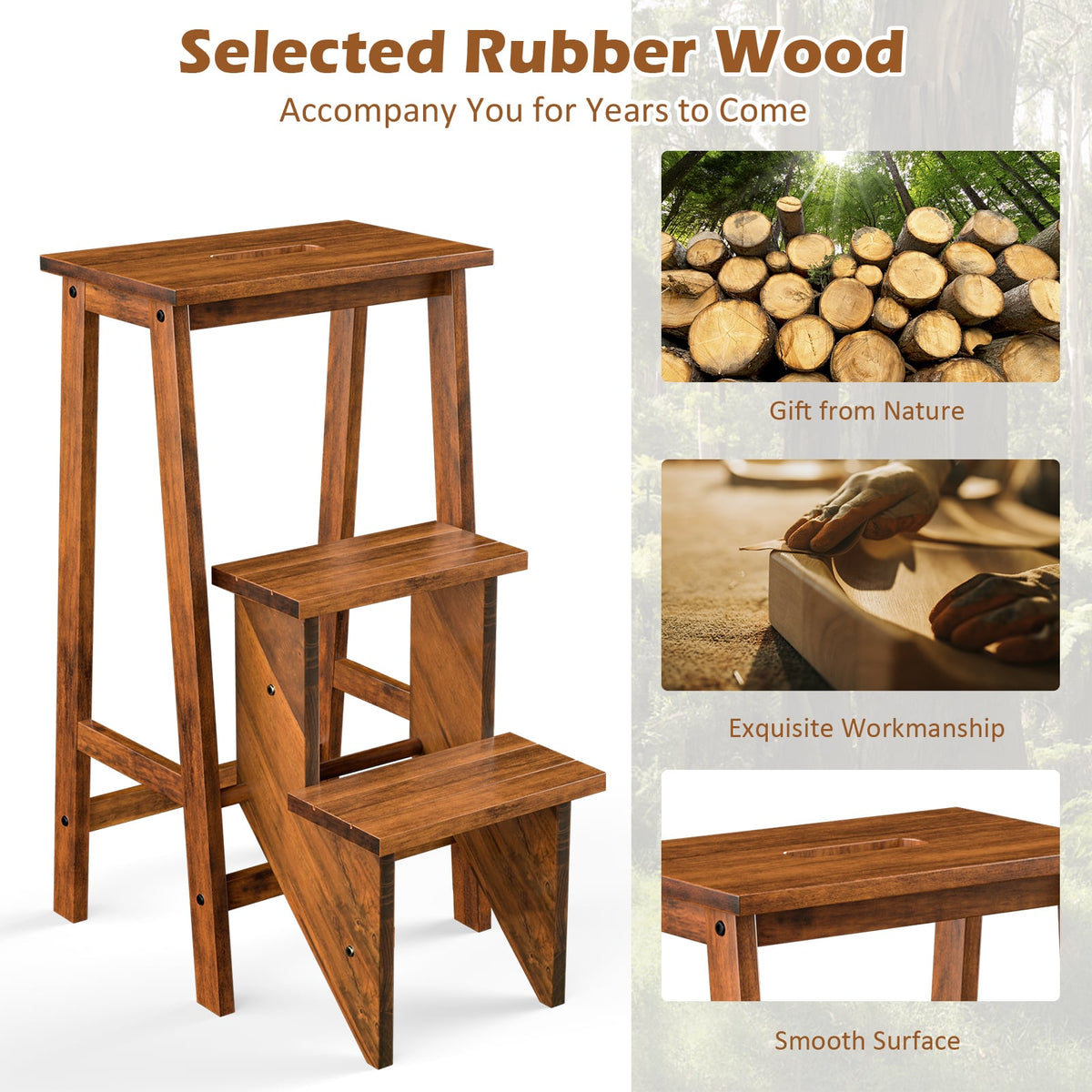 3-in-1 Rubber Wood 3 Tier Folding Step Stool Ladder Storage Shelf-Brown-Toddler & Kids Furniture-DECOROLALA