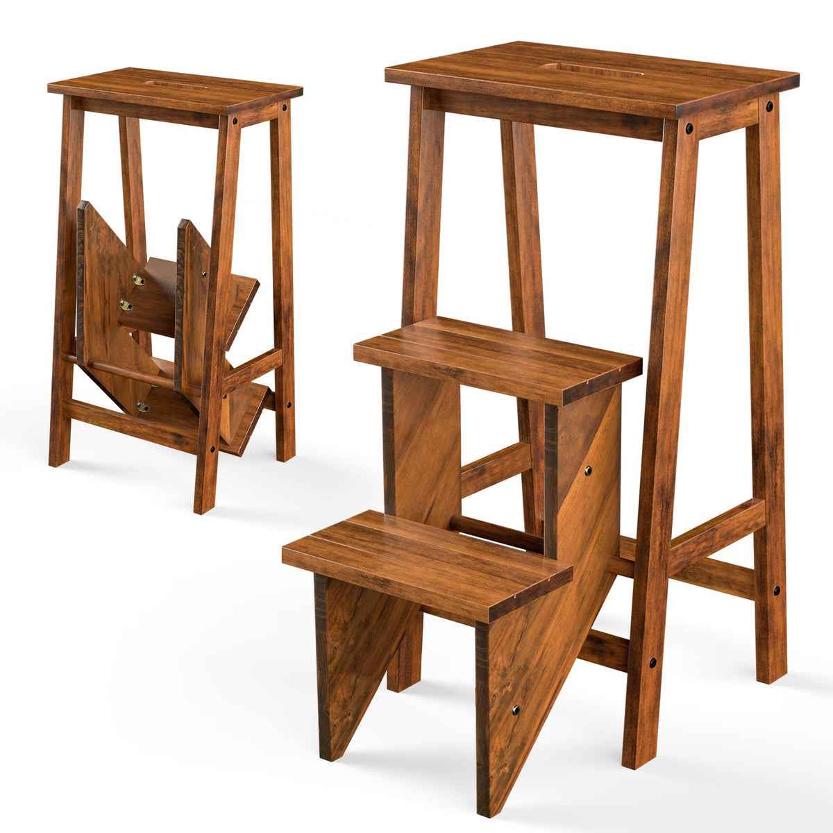 3-in-1 Rubber Wood 3 Tier Folding Step Stool Ladder Storage Shelf-Brown-Toddler & Kids Furniture-DECOROLALA