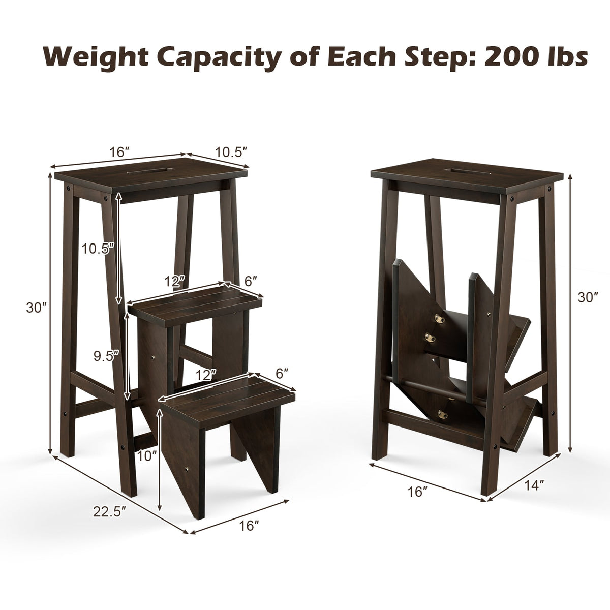 3-in-1 Rubber Wood 3 Tier Folding Step Stool Ladder Storage Shelf-Dark Brown-Toddler & Kids Furniture-DECOROLALA