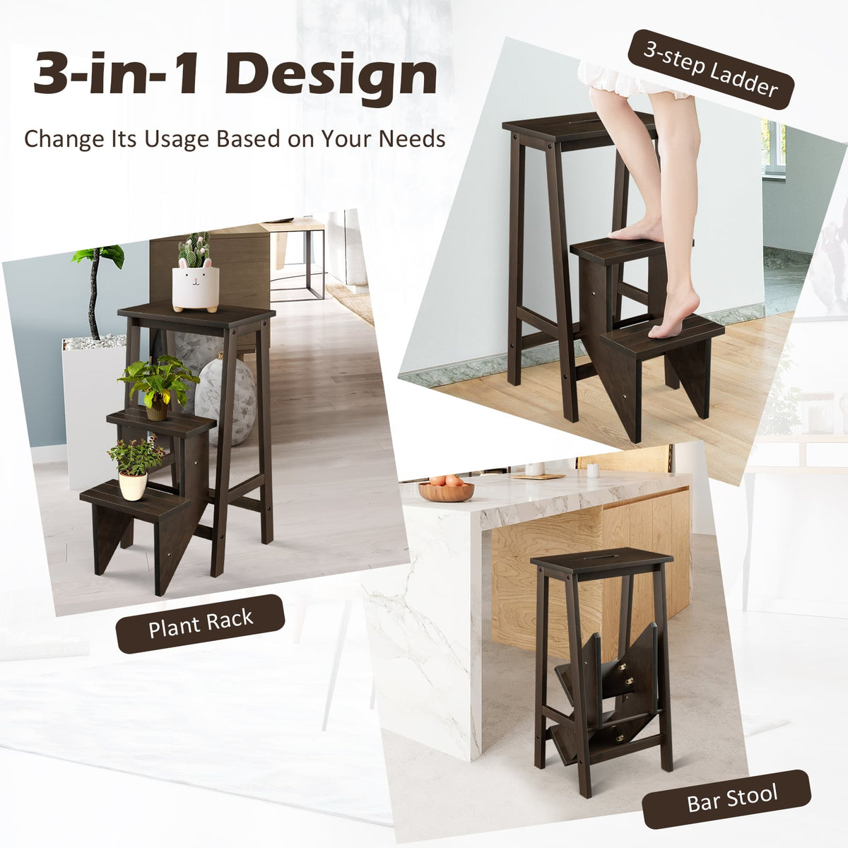 3-in-1 Rubber Wood 3 Tier Folding Step Stool Ladder Storage Shelf-Dark Brown-Toddler & Kids Furniture-DECOROLALA