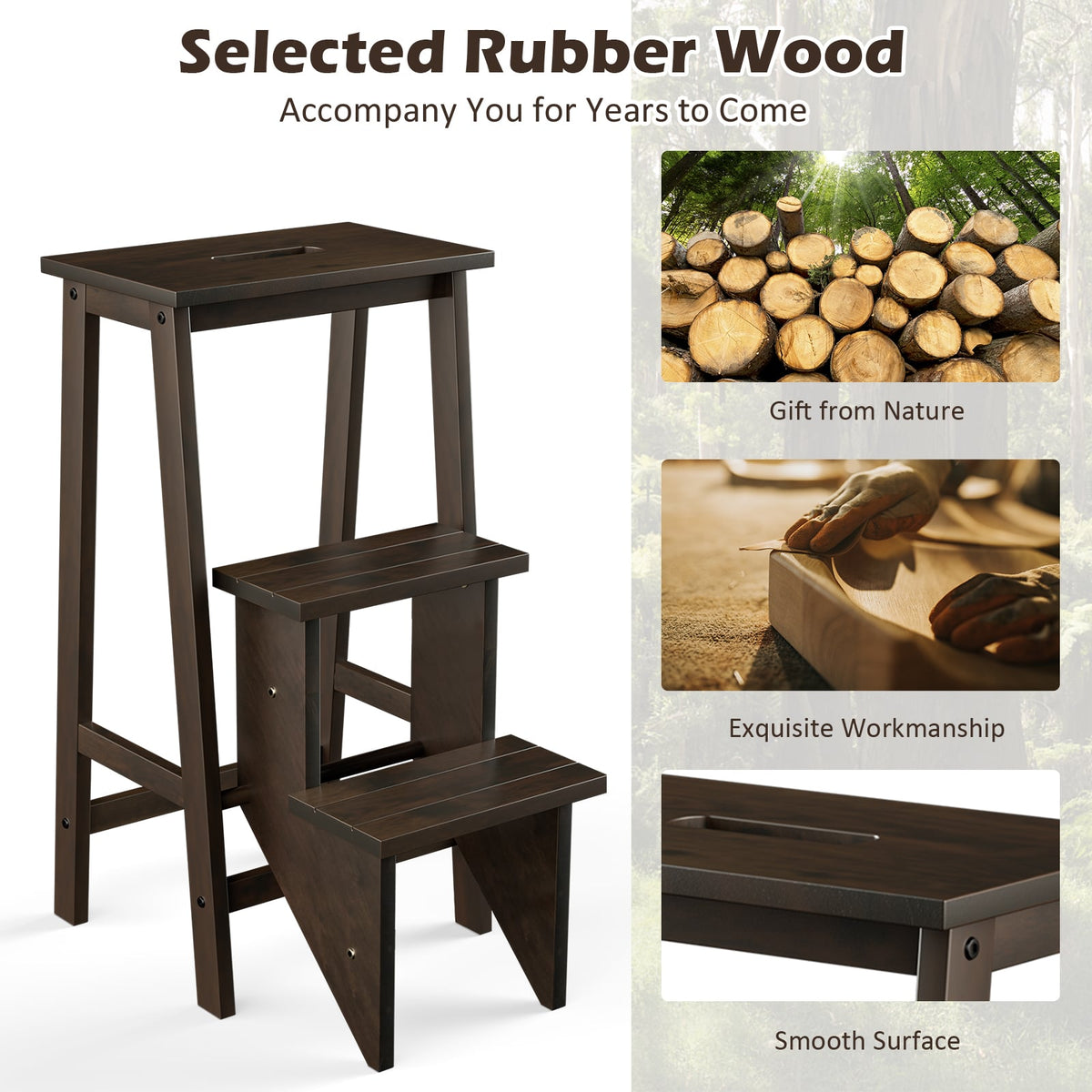 3-in-1 Rubber Wood 3 Tier Folding Step Stool Ladder Storage Shelf-Dark Brown-Toddler & Kids Furniture-DECOROLALA
