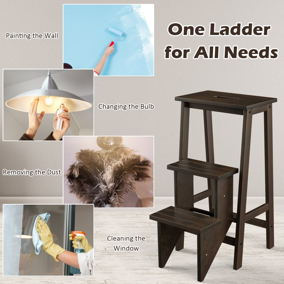 3-in-1 Rubber Wood 3 Tier Folding Step Stool Ladder Storage Shelf-Dark Brown-Toddler & Kids Furniture-DECOROLALA