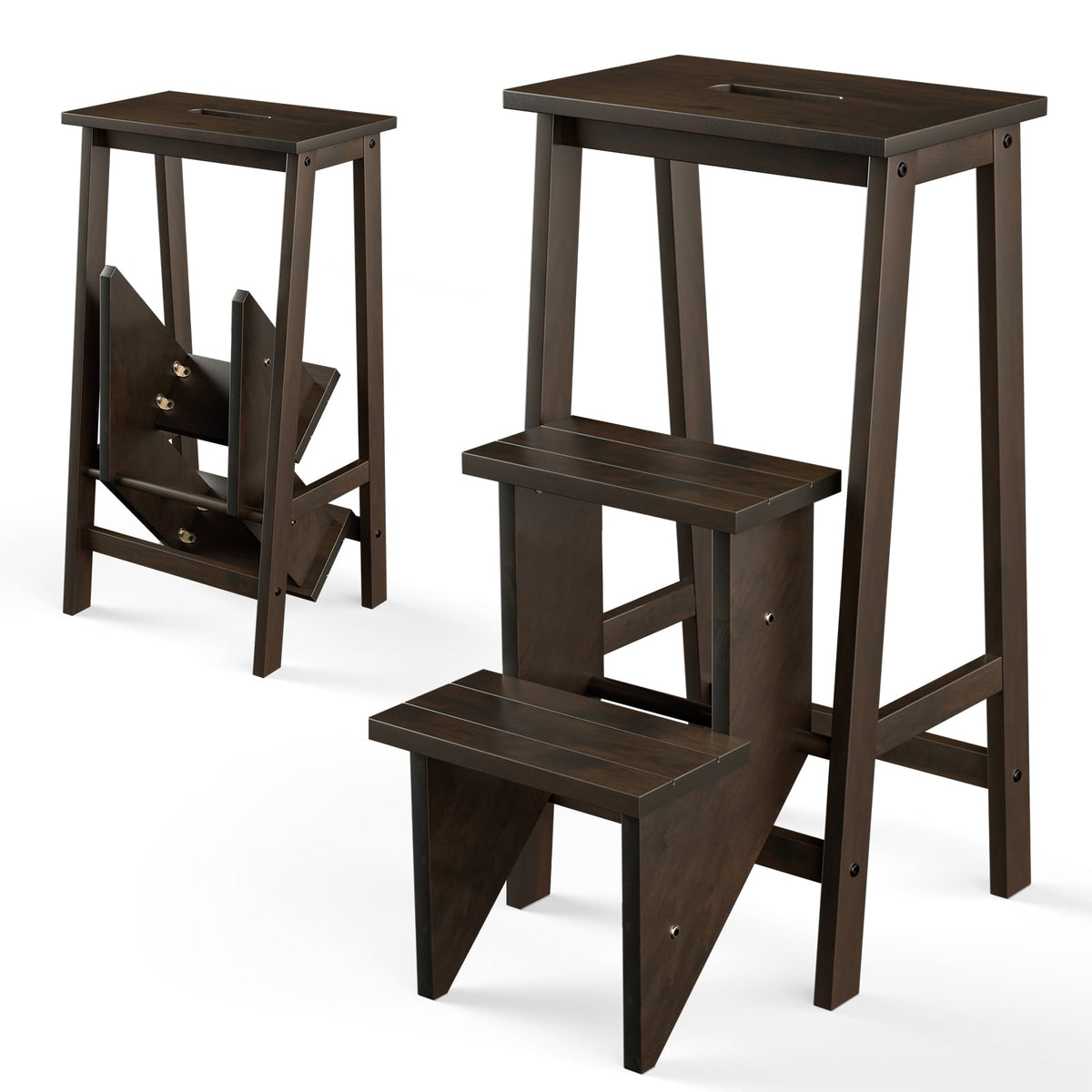 3-in-1 Rubber Wood 3 Tier Folding Step Stool Ladder Storage Shelf-Dark Brown-Toddler & Kids Furniture-DECOROLALA