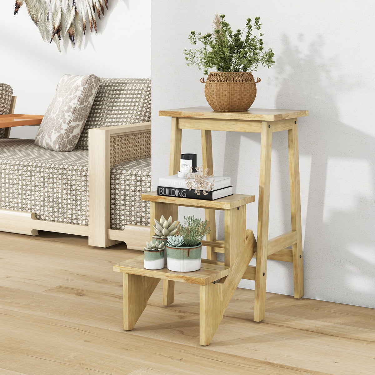 3-in-1 Rubber Wood Step Stool with Convenient Handle-Natural-Toddler & Kids Furniture-DECOROLALA