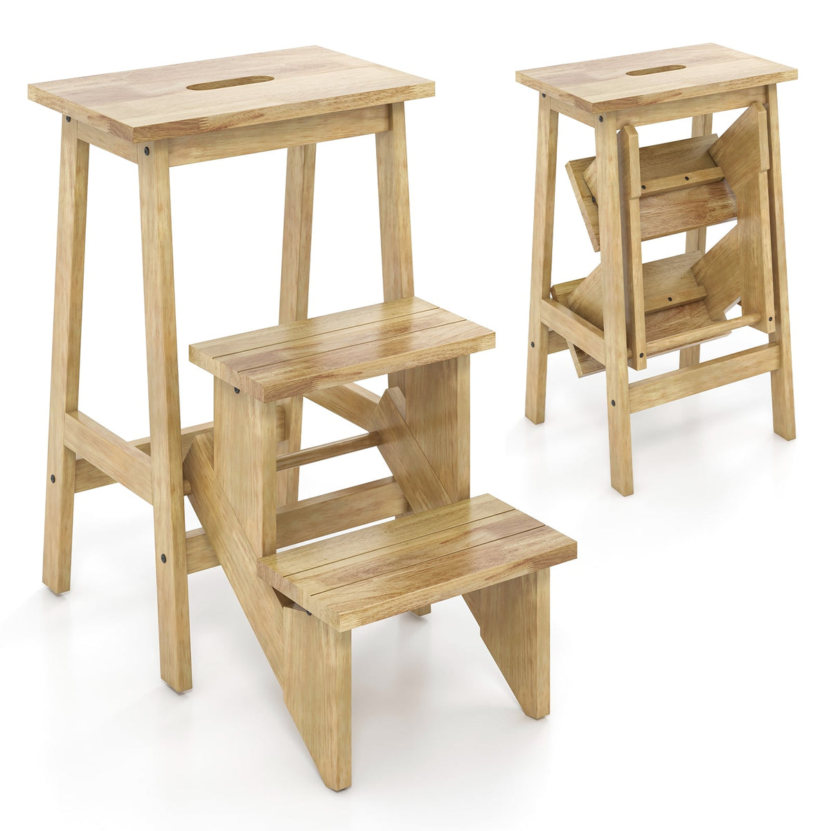 3-in-1 Rubber Wood Step Stool with Convenient Handle-Natural-Toddler & Kids Furniture-DECOROLALA