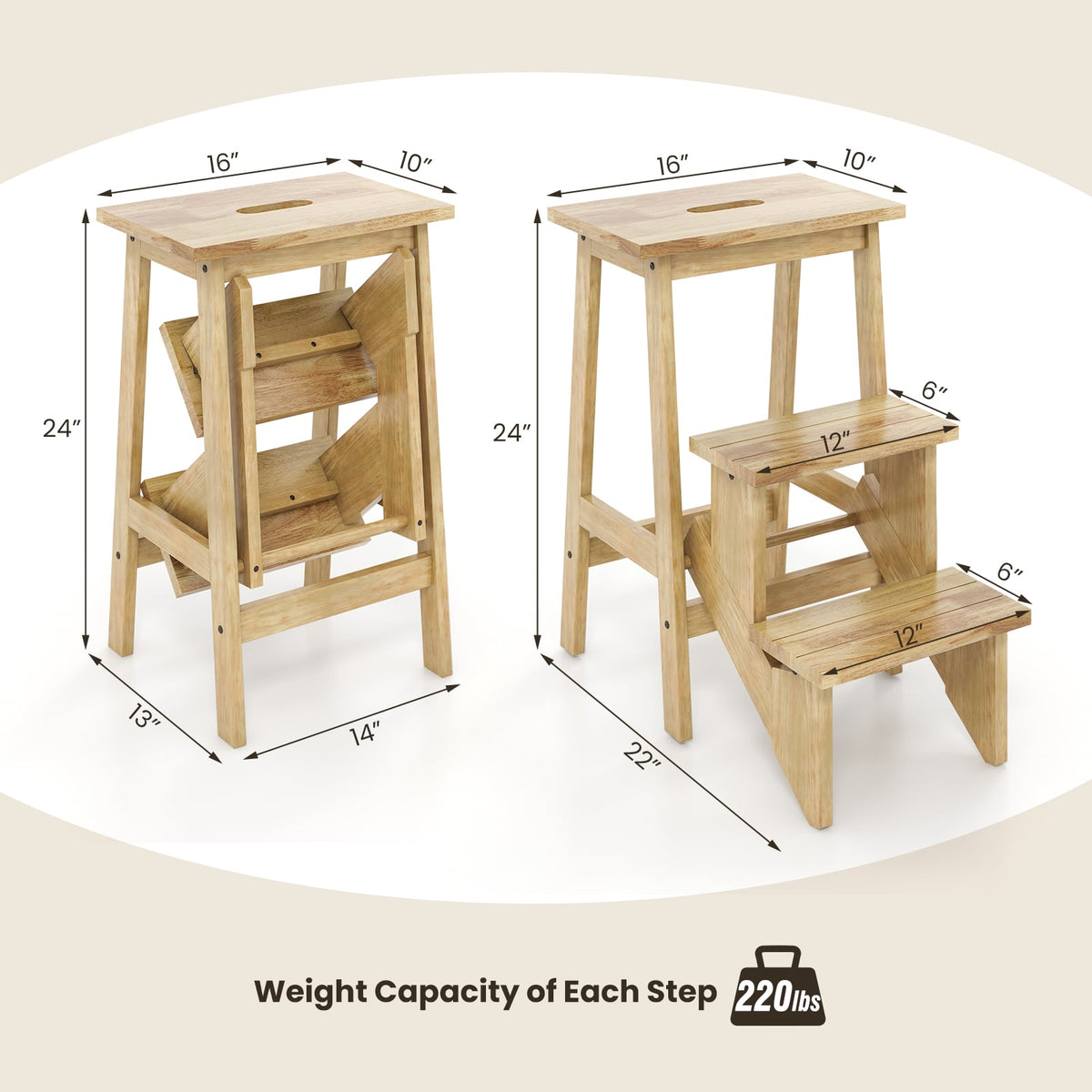 3-in-1 Rubber Wood Step Stool with Convenient Handle-Natural-Toddler & Kids Furniture-DECOROLALA
