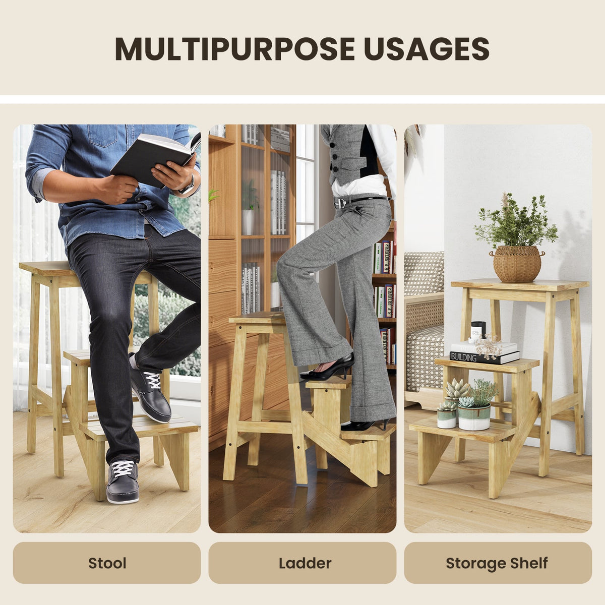 3-in-1 Rubber Wood Step Stool with Convenient Handle-Natural-Toddler & Kids Furniture-DECOROLALA