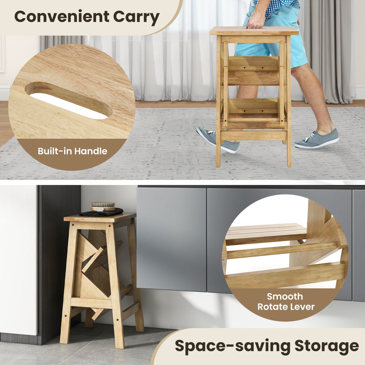 3-in-1 Rubber Wood Step Stool with Convenient Handle-Natural-Toddler & Kids Furniture-DECOROLALA