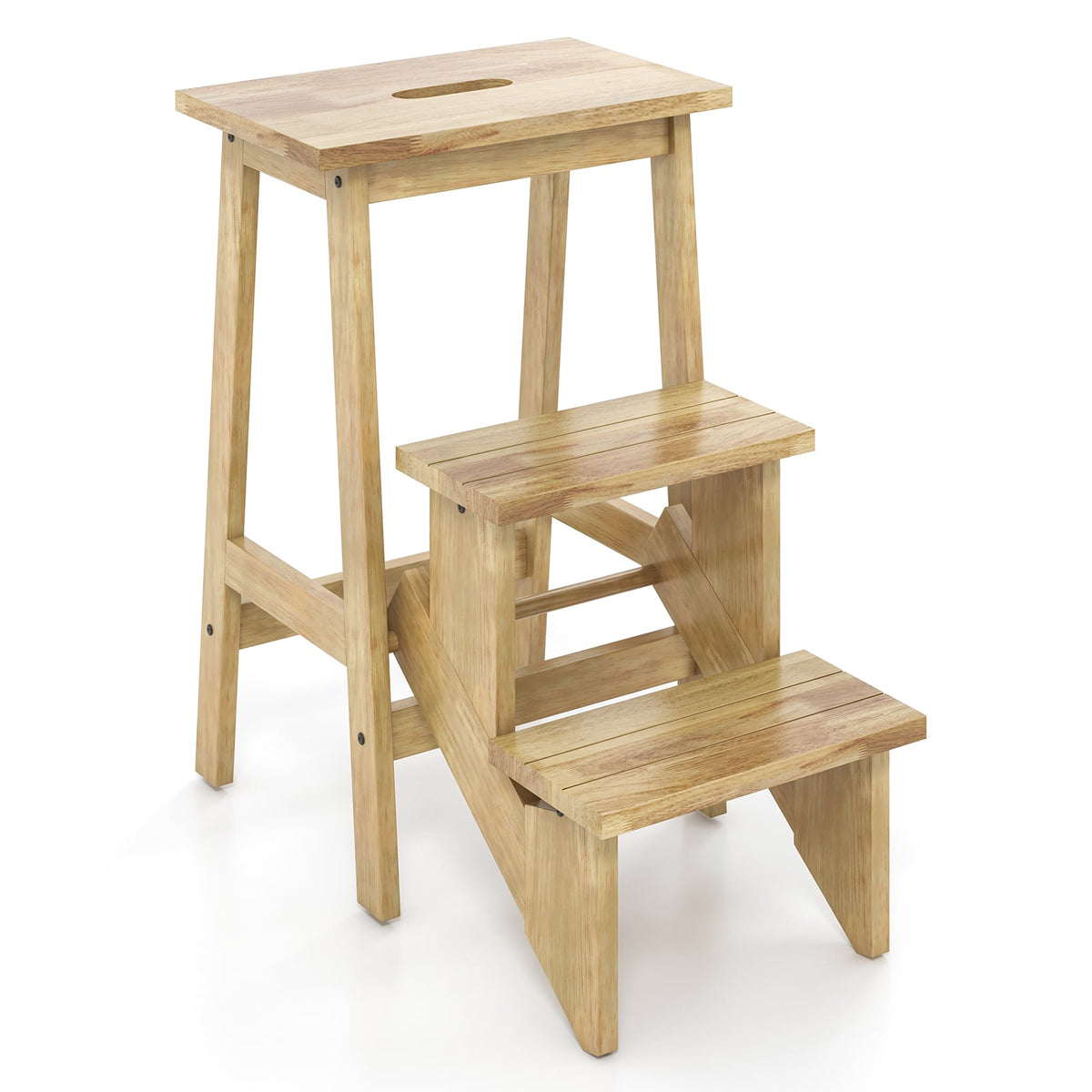 3-in-1 Rubber Wood Step Stool with Convenient Handle-Natural-Toddler & Kids Furniture-DECOROLALA