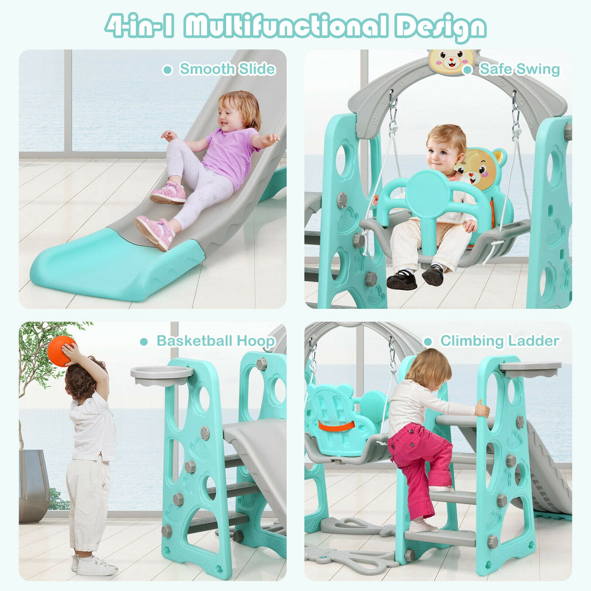 4-in-1 Toddler Climber, Slide, Swing, and Basketball Hoop Playset
