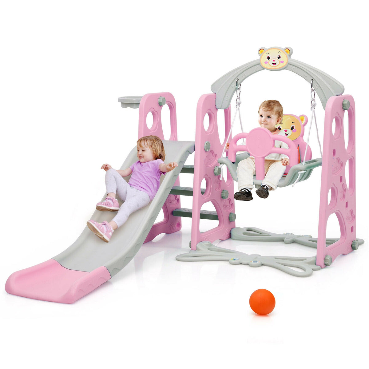 4-in-1 Toddler Climber, Slide, Swing, and Basketball Hoop Playset