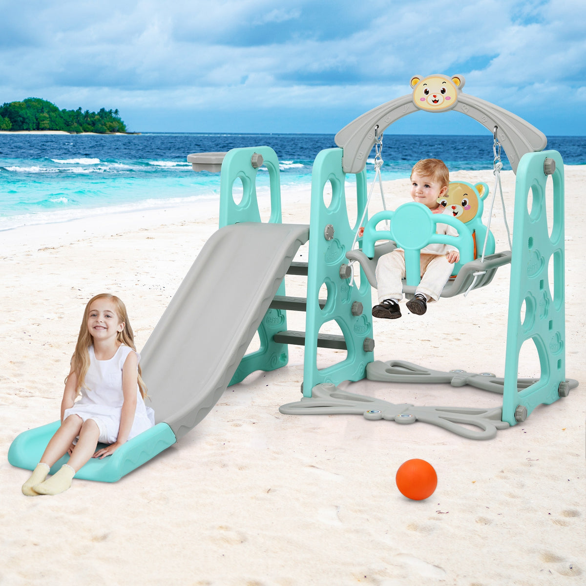 4-in-1 Toddler Climber, Slide, Swing, and Basketball Hoop Playset