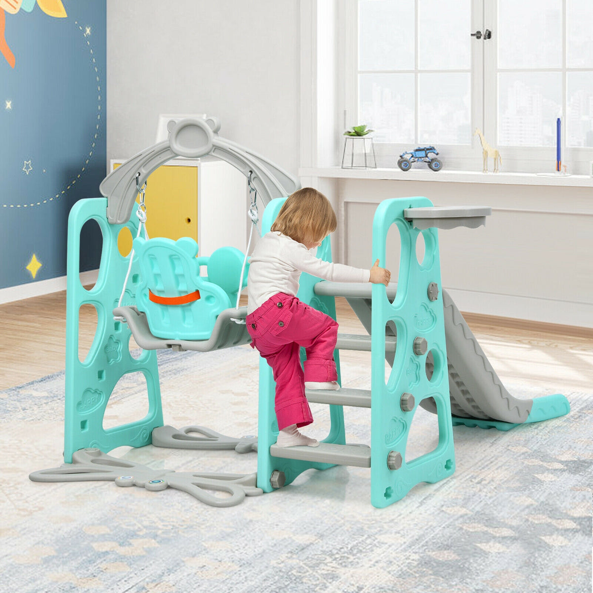 4-in-1 Toddler Climber, Slide, Swing, and Basketball Hoop Playset