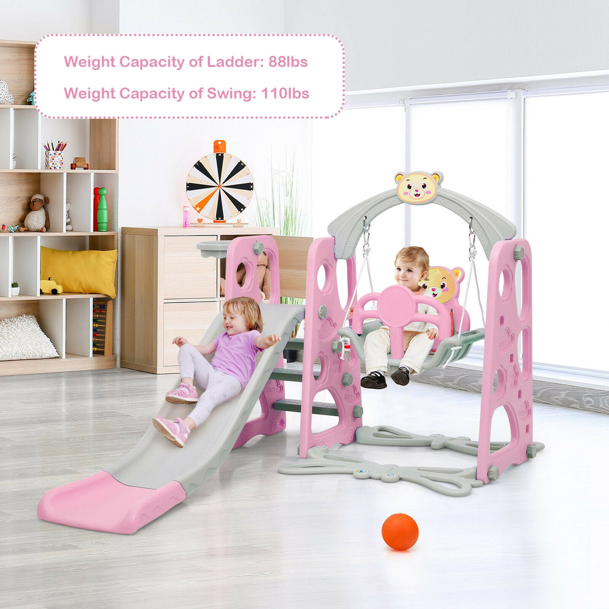 4-in-1 Toddler Climber, Slide, Swing, and Basketball Hoop Playset