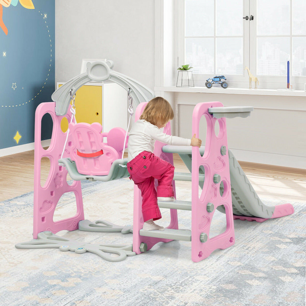 4-in-1 Toddler Climber, Slide, Swing, and Basketball Hoop Playset
