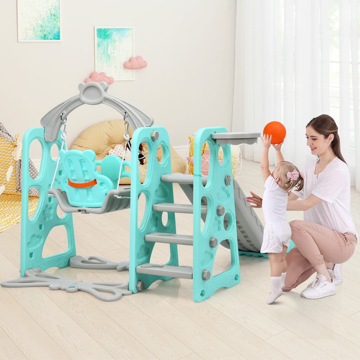 4-in-1 Toddler Climber, Slide, Swing, and Basketball Hoop Playset