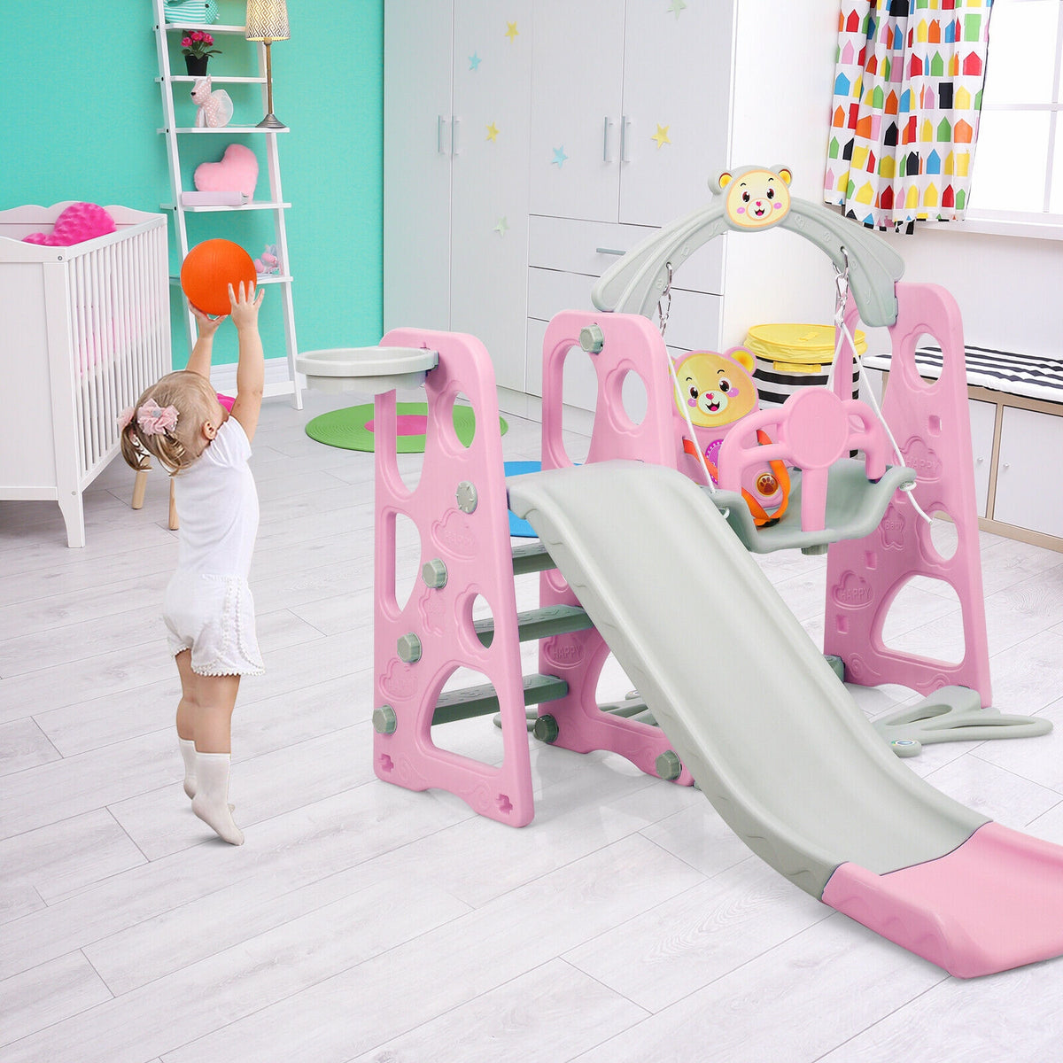 4-in-1 Toddler Climber, Slide, Swing, and Basketball Hoop Playset