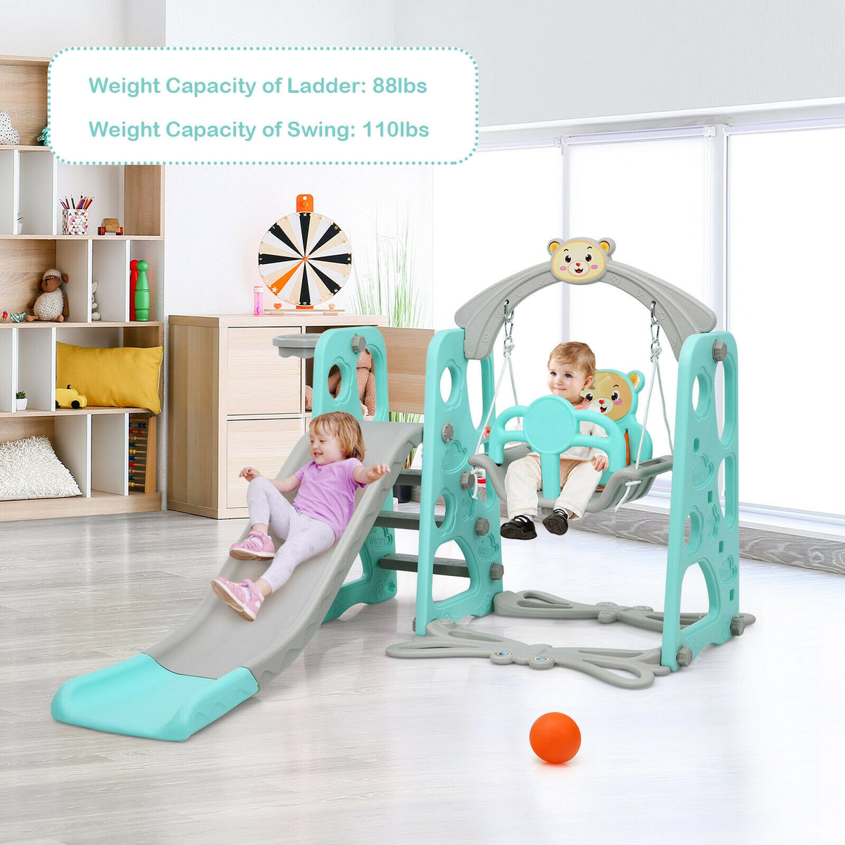 4-in-1 Toddler Climber, Slide, Swing, and Basketball Hoop Playset