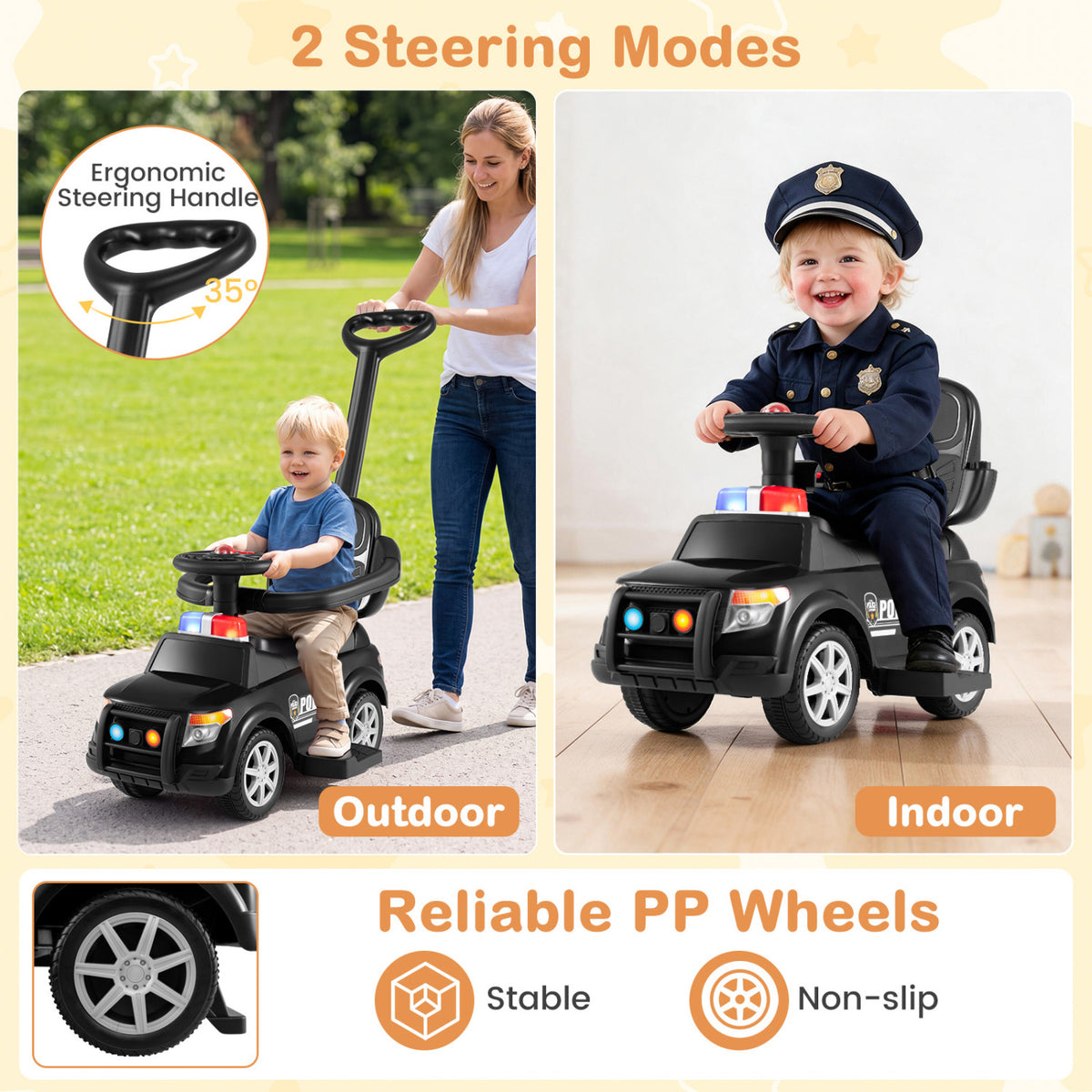 3-in-1 Toddler Push Car with Handle and Canopy Sliding Police Car with Siren-Black