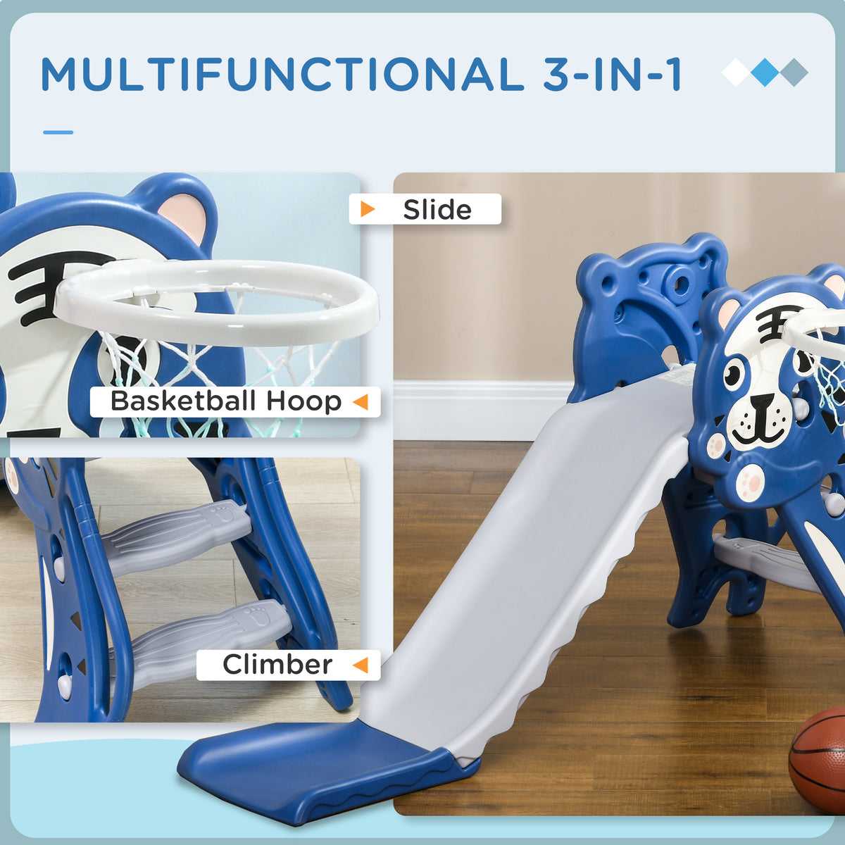 3-in-1 Toddler Slide Playset with Basketball Hoop - Grey-Toys & Games > Kids Outdoor Play > Gym Sets & Swings-DECOROLALA
