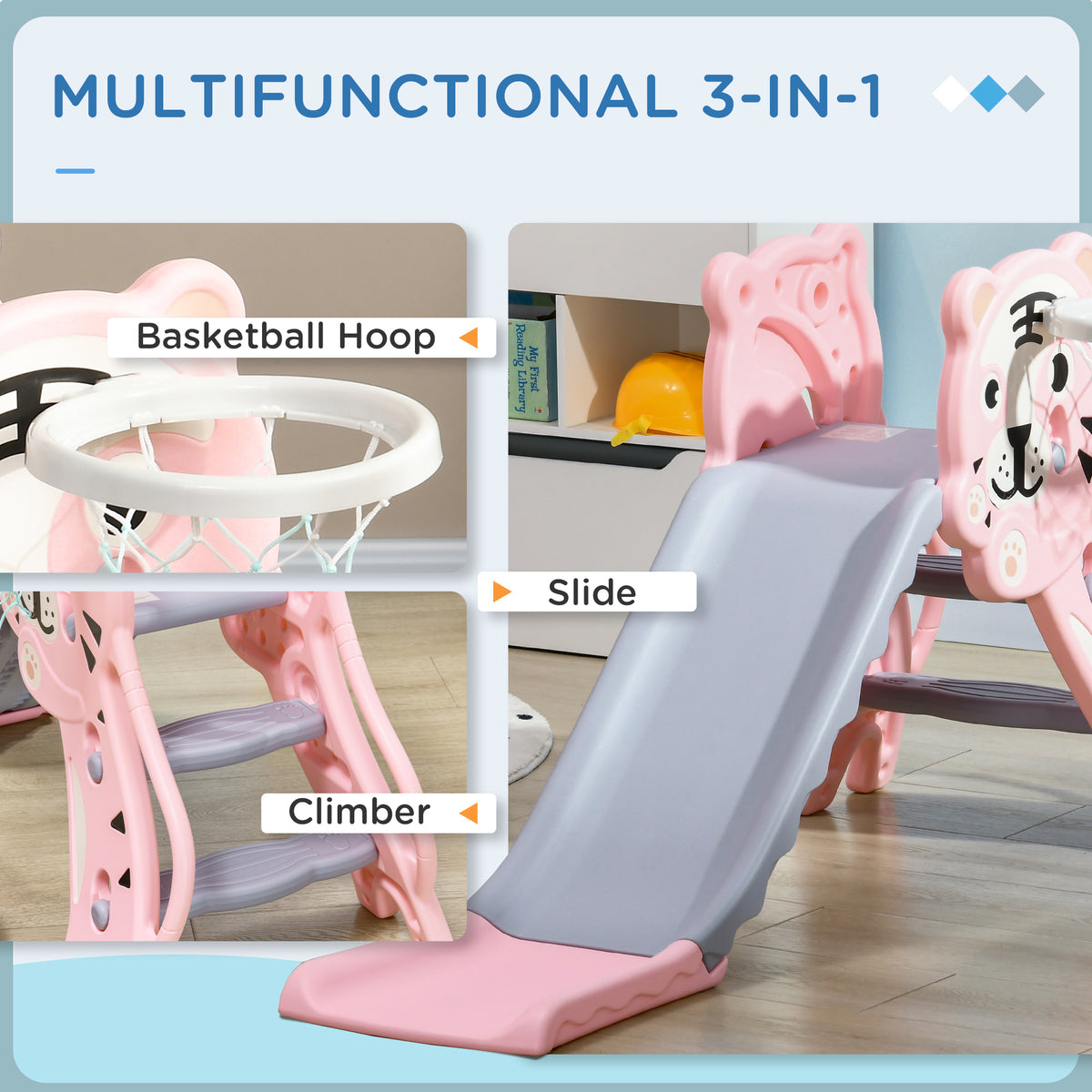 3-in-1 Toddler Slide Playset with Basketball Hoop - Grey-Toys & Games > Kids Outdoor Play > Gym Sets & Swings-DECOROLALA