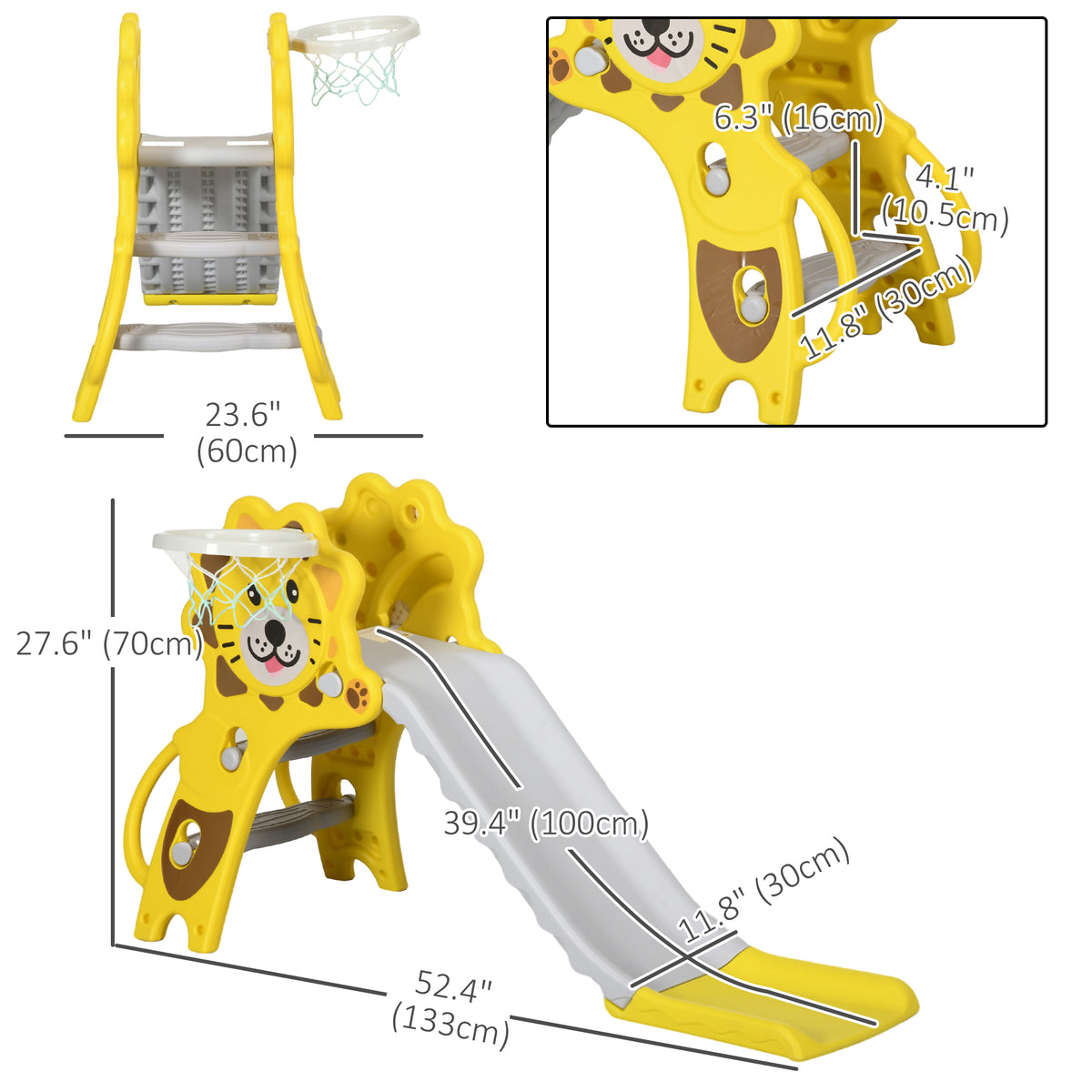 3 in 1 Slide for Toddlers, Kids Slide Playset with Basketball Hoop, Climber, for 18-36 Months, Yellow-Toys & Games > Kids Outdoor Play > Gym Sets & Swings-DECOROLALA