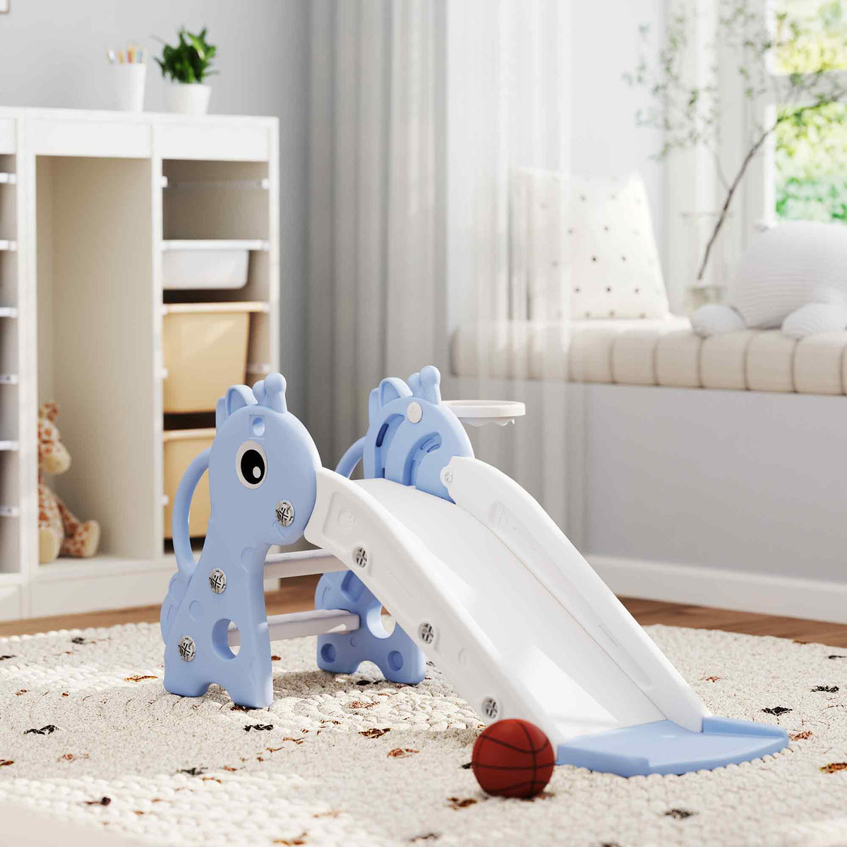 3 in 1 Toddler Slide for Age 1-3, Kids Slide with Climber, Basketball Hoop and Ball, Giraffe Design-Toys & Games > Kids Outdoor Play > Gym Sets & Swings-DECOROLALA