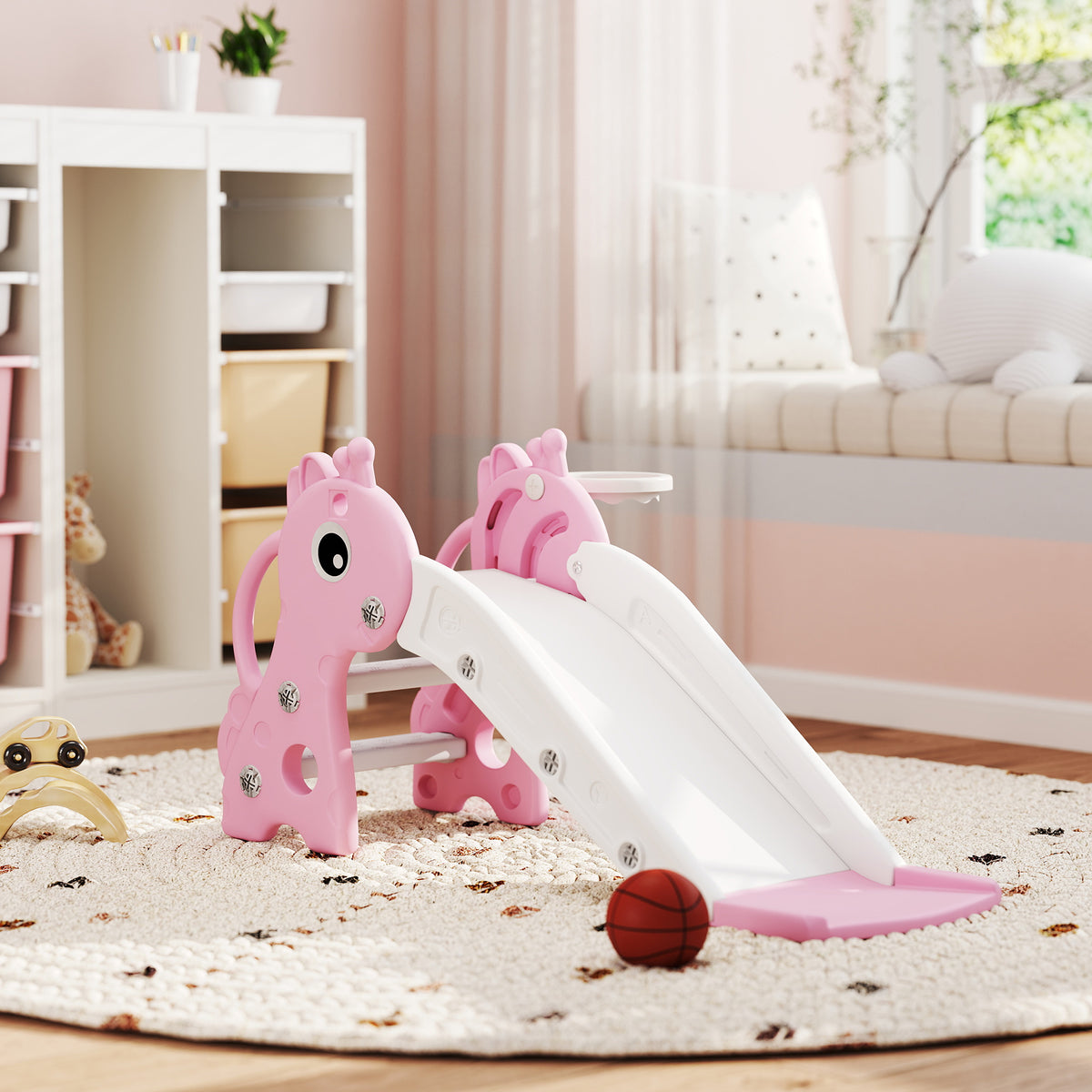 3 in 1 Toddler Slide for Age 1-3, Kids Slide with Climber, Basketball Hoop and Ball, Giraffe Design-Toys & Games > Kids Outdoor Play > Gym Sets & Swings-DECOROLALA