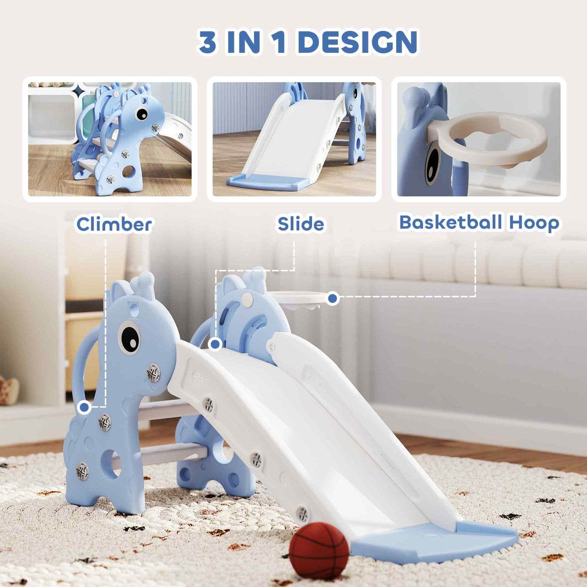 3 in 1 Toddler Slide for Age 1-3, Kids Slide with Climber, Basketball Hoop and Ball, Giraffe Design-Toys & Games > Kids Outdoor Play > Gym Sets & Swings-DECOROLALA