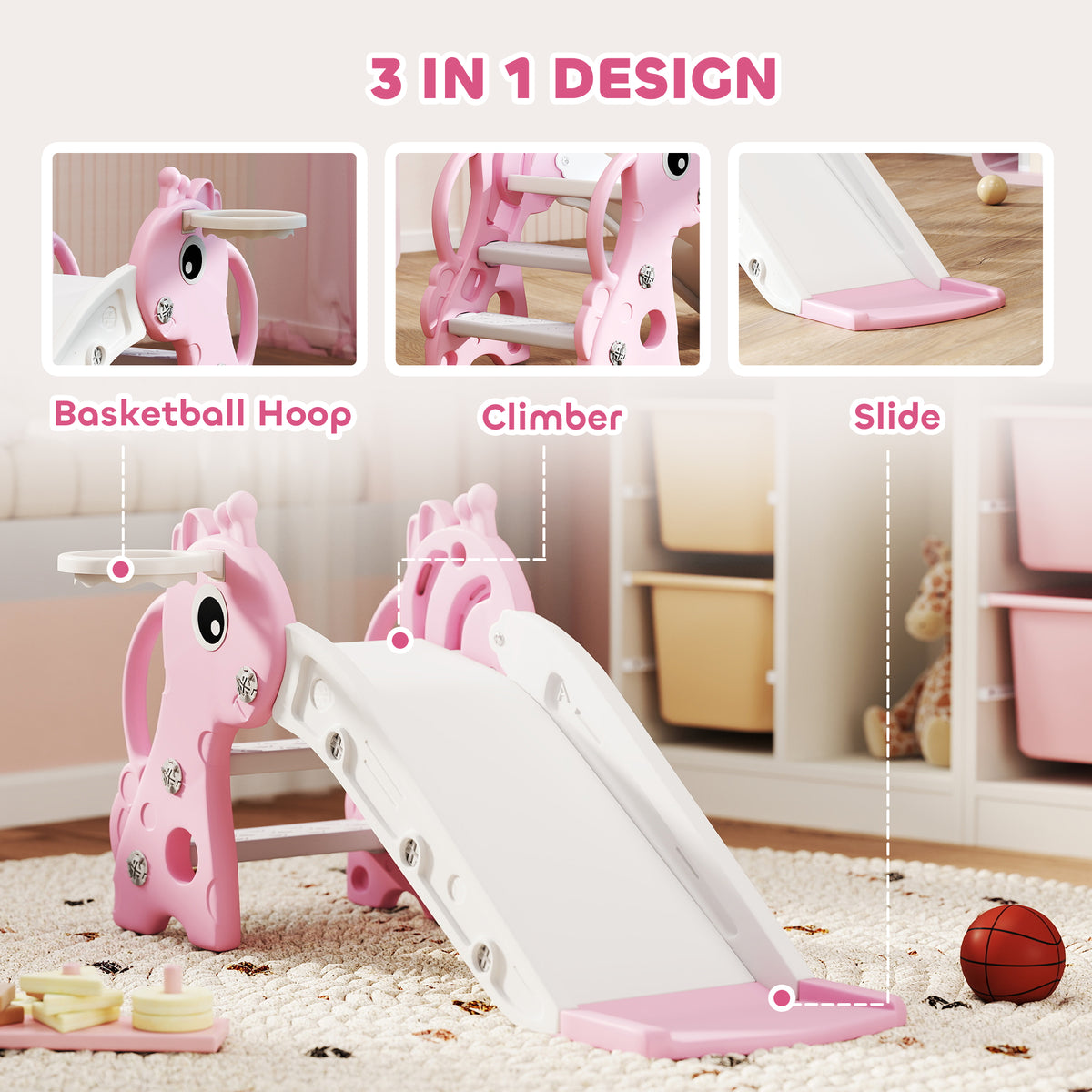 3 in 1 Toddler Slide for Age 1-3, Kids Slide with Climber, Basketball Hoop and Ball, Giraffe Design-Toys & Games > Kids Outdoor Play > Gym Sets & Swings-DECOROLALA