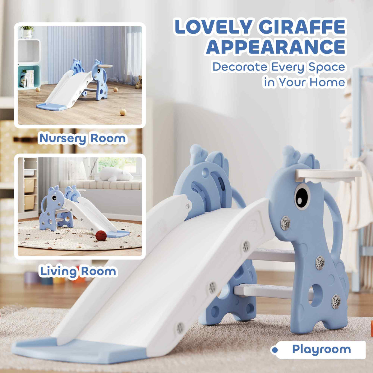 3 in 1 Toddler Slide for Age 1-3, Kids Slide with Climber, Basketball Hoop and Ball, Giraffe Design-Toys & Games > Kids Outdoor Play > Gym Sets & Swings-DECOROLALA