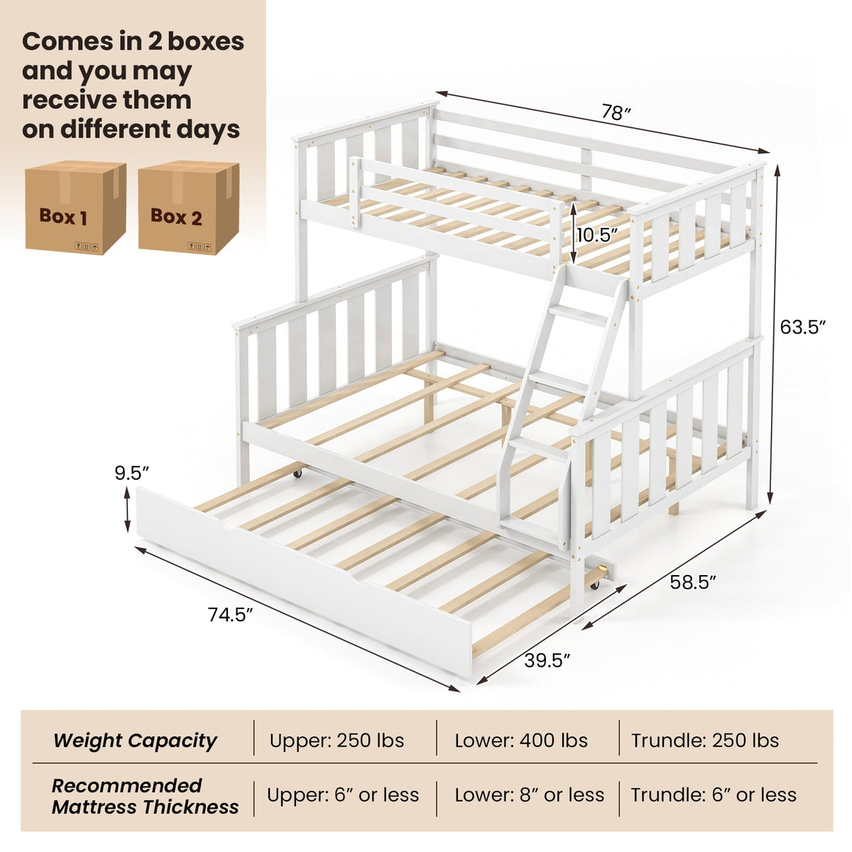3-in-1 Twin Over Full Bunk Bed with Trundle and Ladder-Bunk Bed Frame-DECOROLALA