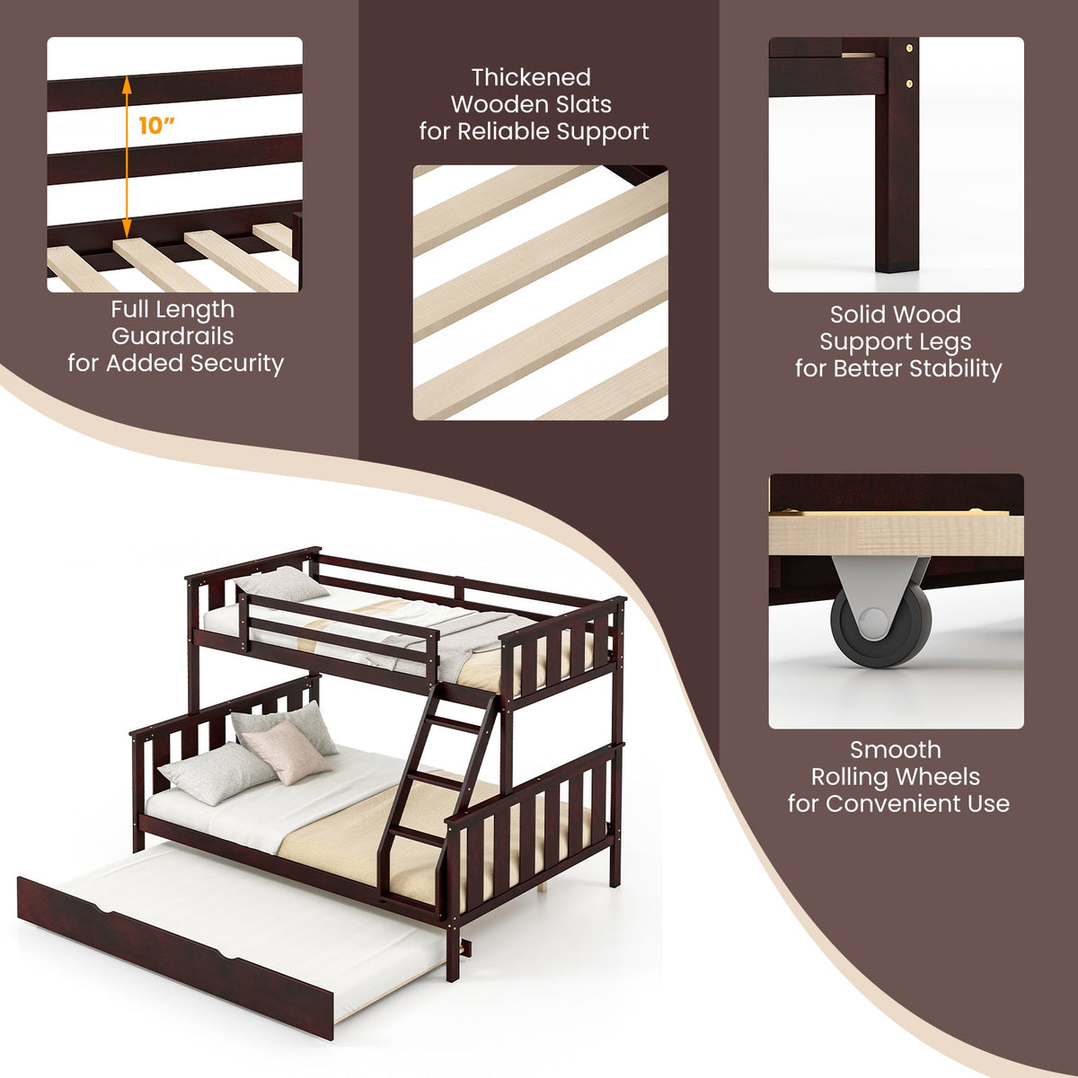 3-in-1 Twin Over Full Bunk Bed with Trundle and Ladder-Bunk Bed Frame-DECOROLALA