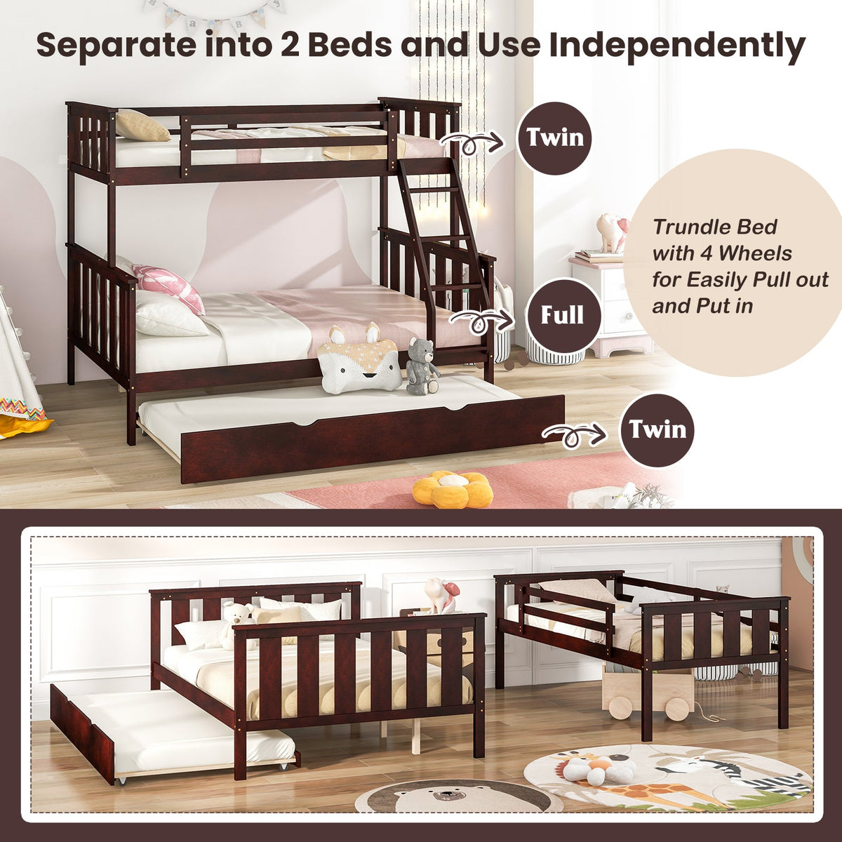 3-in-1 Twin Over Full Bunk Bed with Trundle and Ladder-Bunk Bed Frame-DECOROLALA