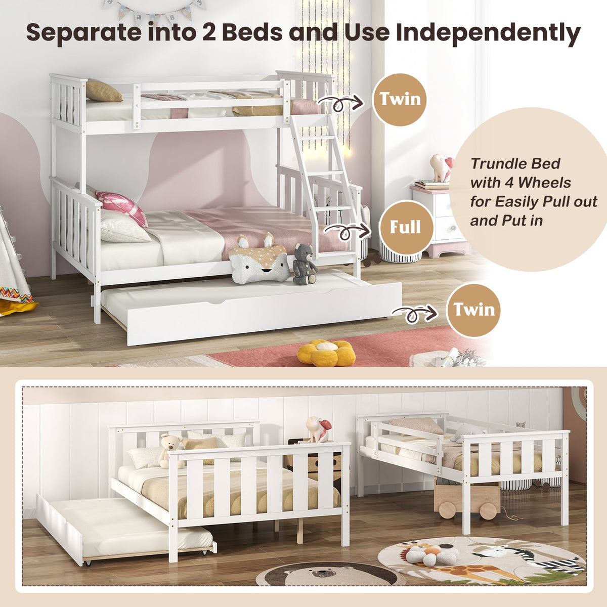 3-in-1 Twin Over Full Bunk Bed with Trundle and Ladder-Bunk Bed Frame-DECOROLALA