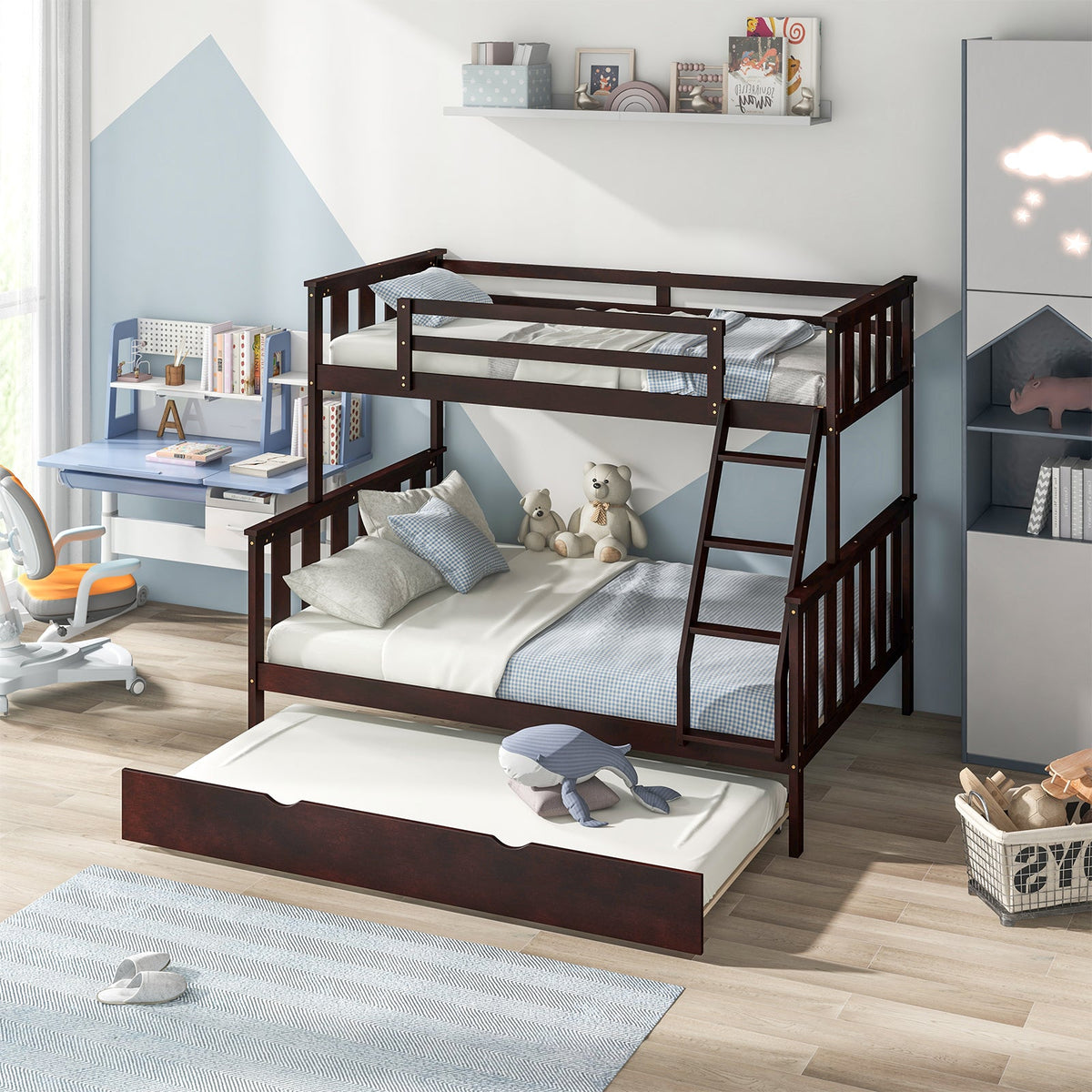 3-in-1 Twin Over Full Bunk Bed with Trundle and Ladder-Bunk Bed Frame-DECOROLALA