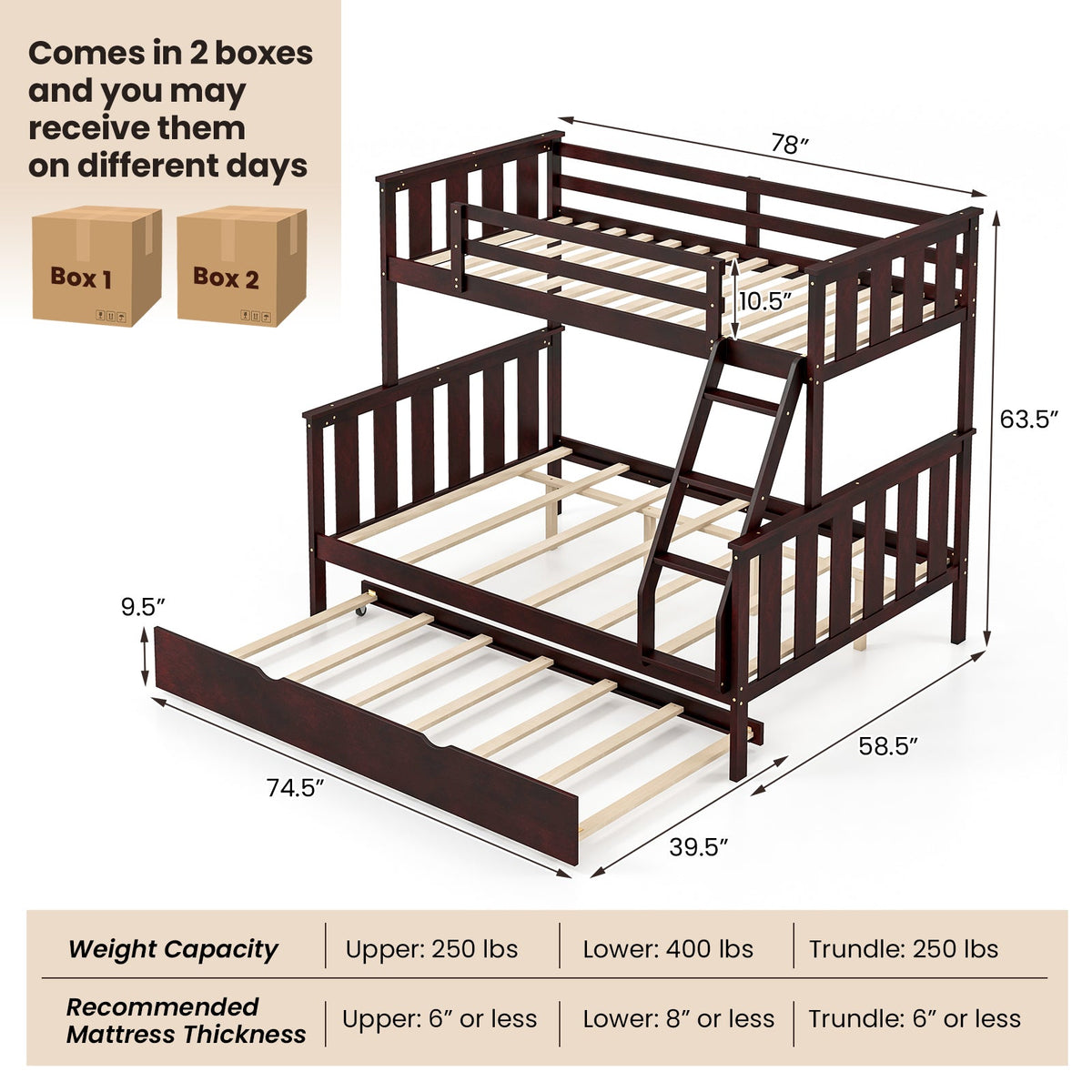 3-in-1 Twin Over Full Bunk Bed with Trundle and Ladder-Bunk Bed Frame-DECOROLALA