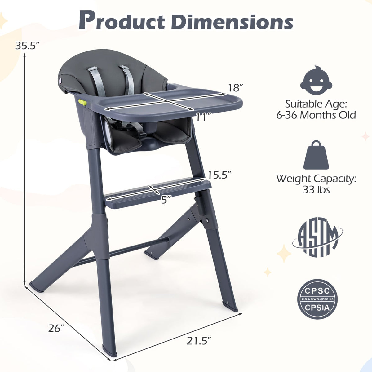 3-in-1 Washable Baby High Chair with Tray Footrest-Gray-High Chairs-DECOROLALA
