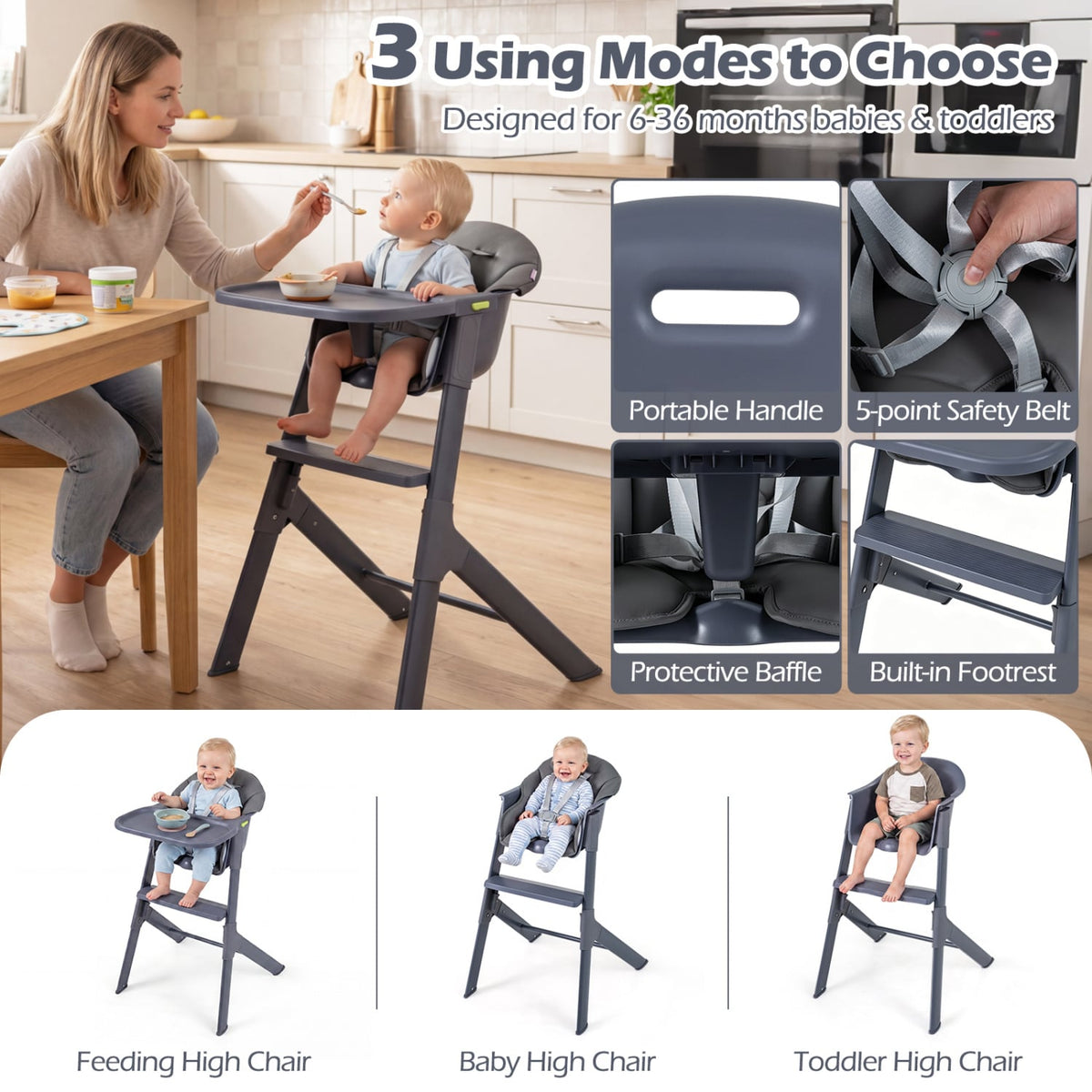 3-in-1 Washable Baby High Chair with Tray Footrest-Gray-High Chairs-DECOROLALA