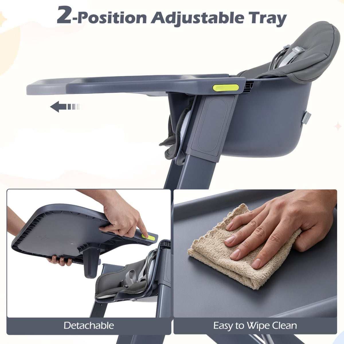 3-in-1 Washable Baby High Chair with Tray Footrest-Gray-High Chairs-DECOROLALA