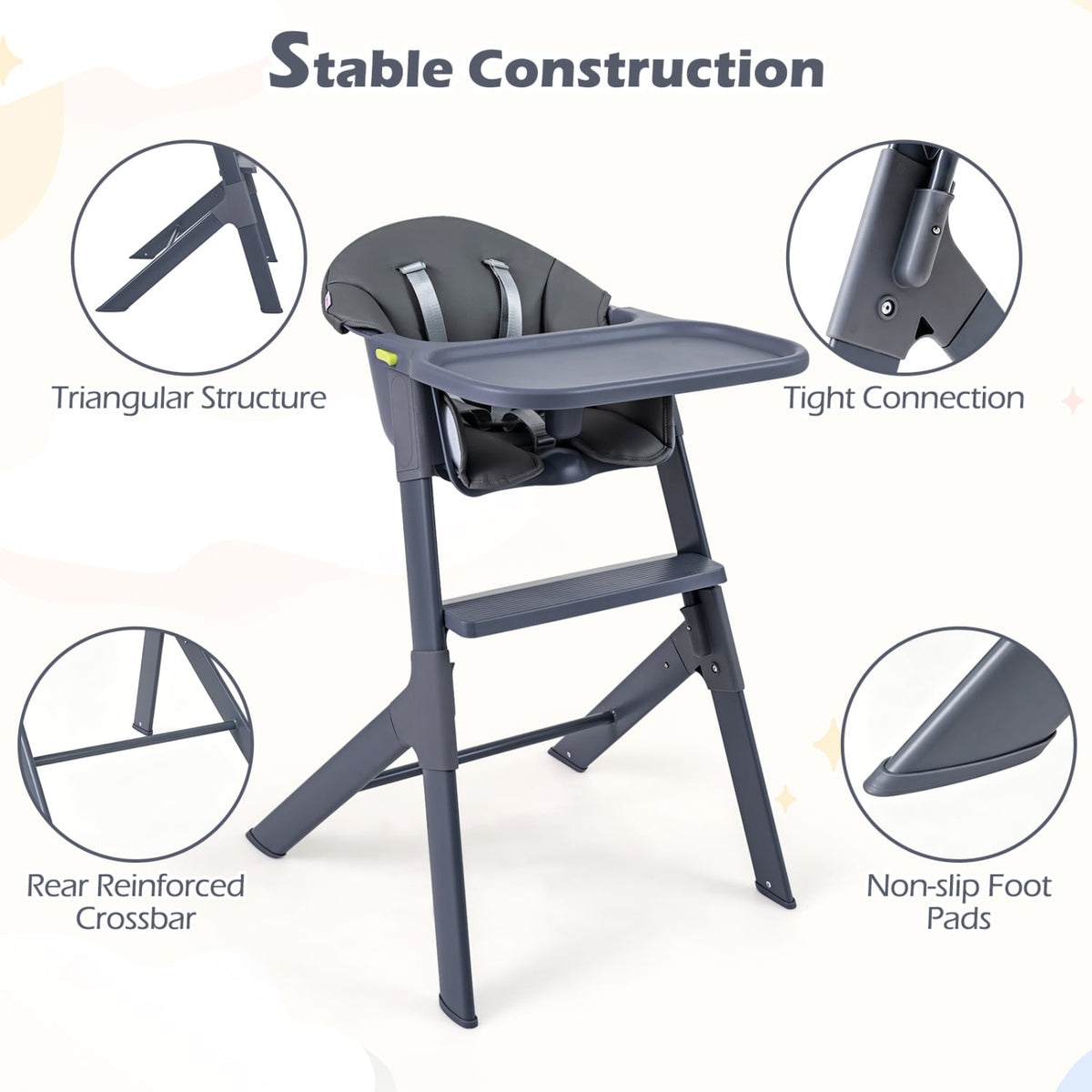 3-in-1 Washable Baby High Chair with Tray Footrest-Gray-High Chairs-DECOROLALA