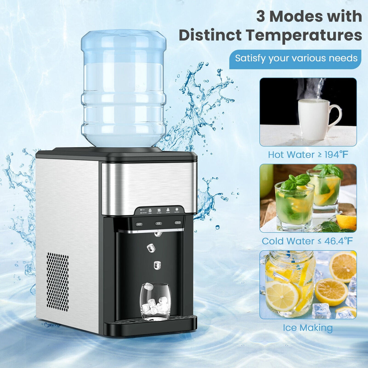 3-in-1 Water Cooler Dispenser with Built-in Ice Maker and 3 Temperature Settings-Silver-Water Dispensers-DECOROLALA