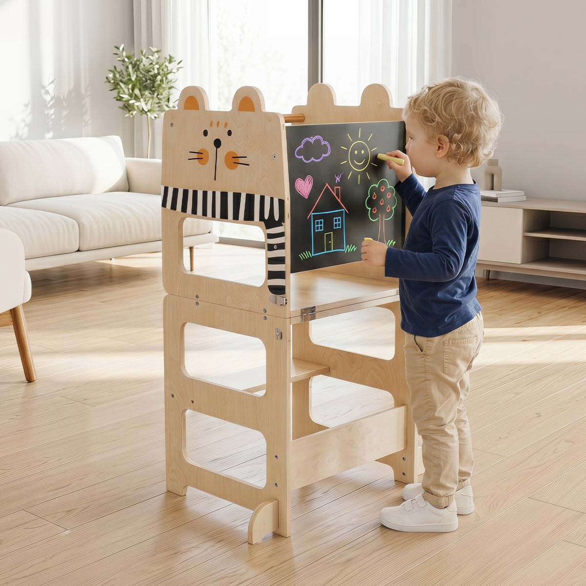 3-in-1 Wooden Kids Toddler Kitchen Step Stool with Blackboard-Black&White-Toddler & Kids Furniture-DECOROLALA