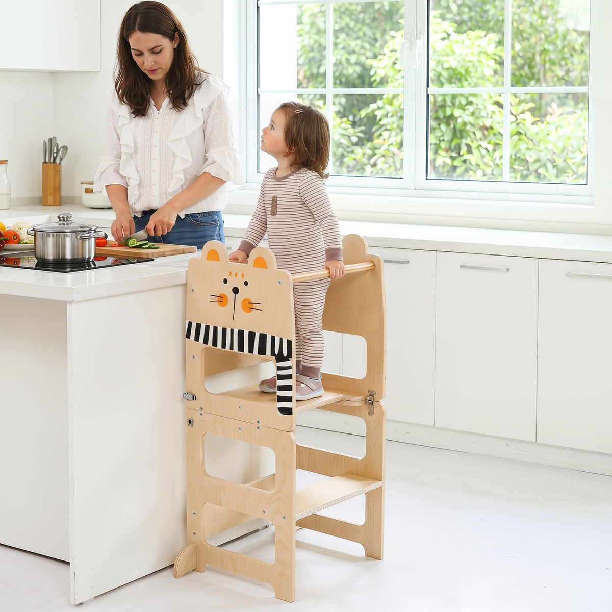 3-in-1 Wooden Kids Toddler Kitchen Step Stool with Blackboard-Black&White-Toddler & Kids Furniture-DECOROLALA