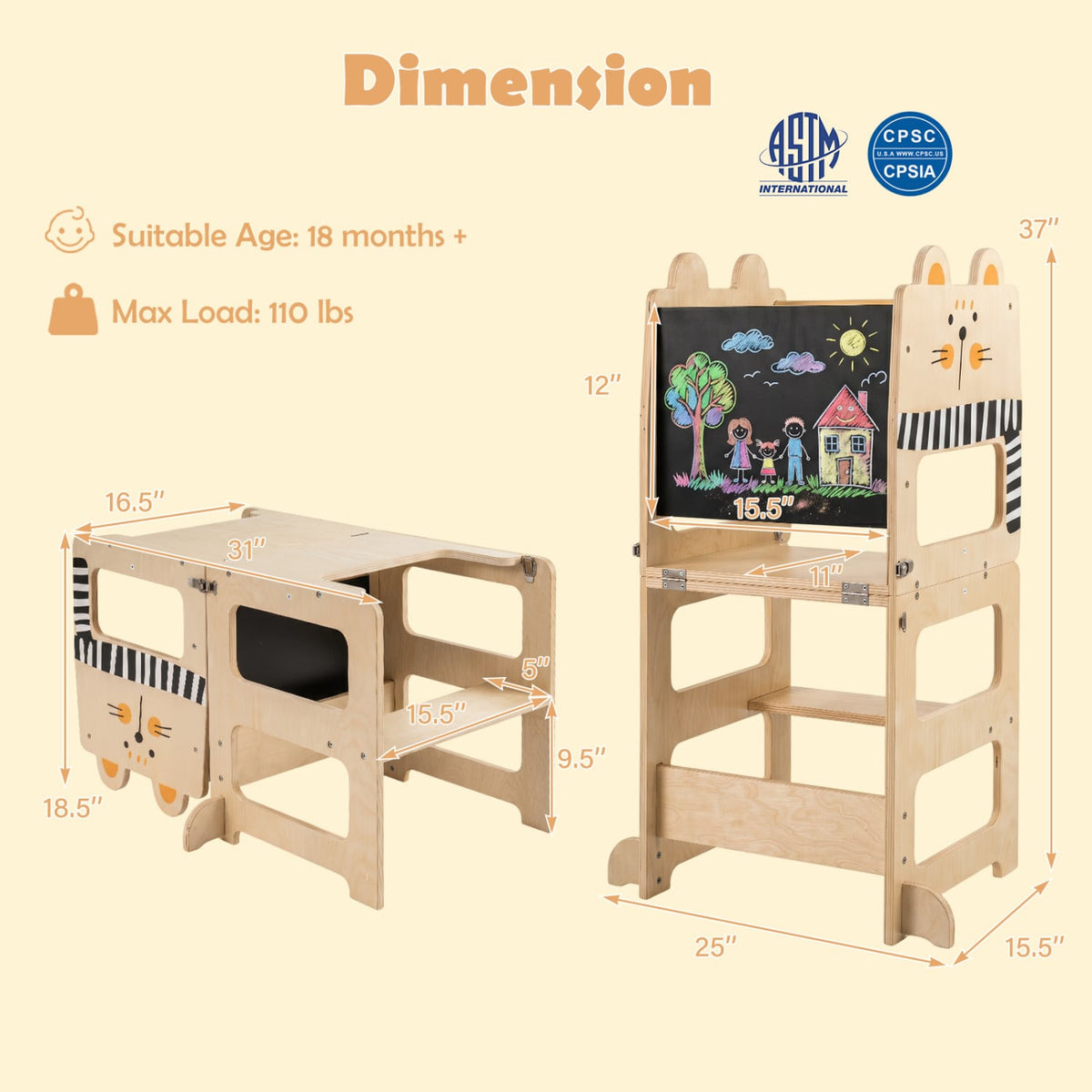 3-in-1 Wooden Kids Toddler Kitchen Step Stool with Blackboard-Black&White-Toddler & Kids Furniture-DECOROLALA