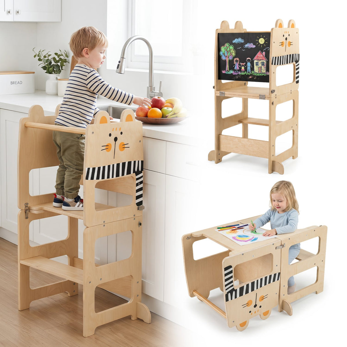 3-in-1 Wooden Kids Toddler Kitchen Step Stool with Blackboard-Black&White-Toddler & Kids Furniture-DECOROLALA