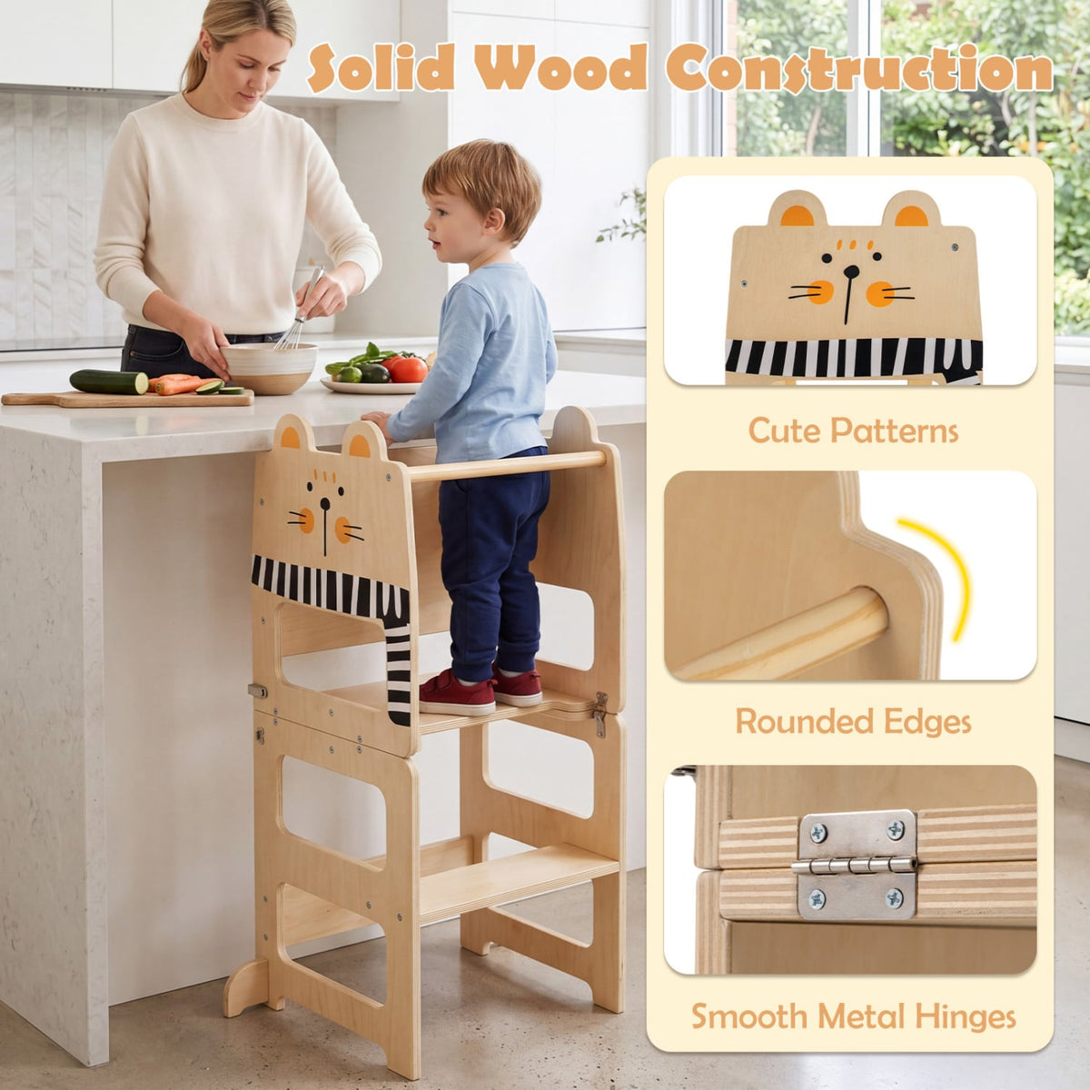 3-in-1 Wooden Kids Toddler Kitchen Step Stool with Blackboard-Black&White-Toddler & Kids Furniture-DECOROLALA